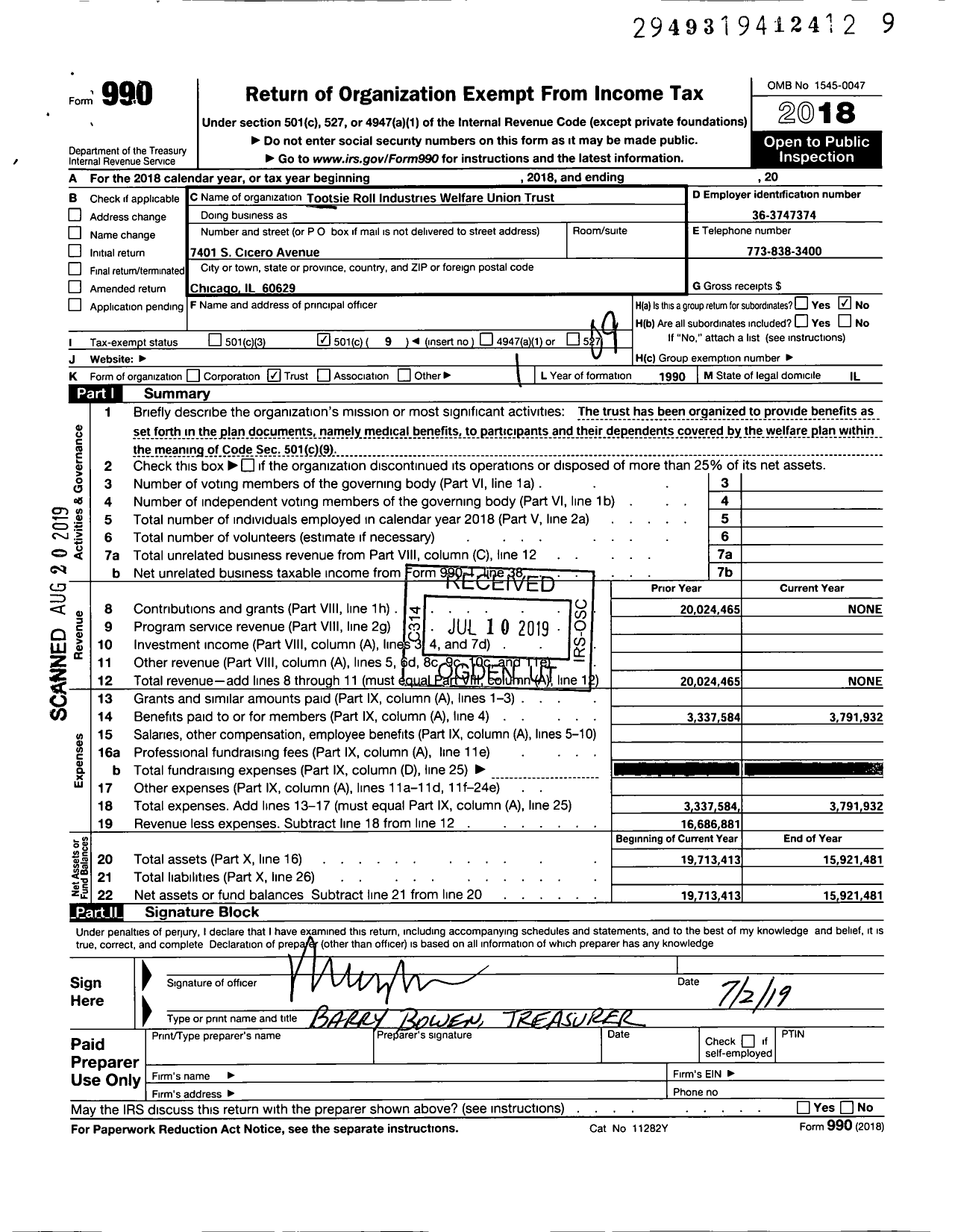 Image of first page of 2018 Form 990O for Tootsie Roll Industries Welfare Union Trust