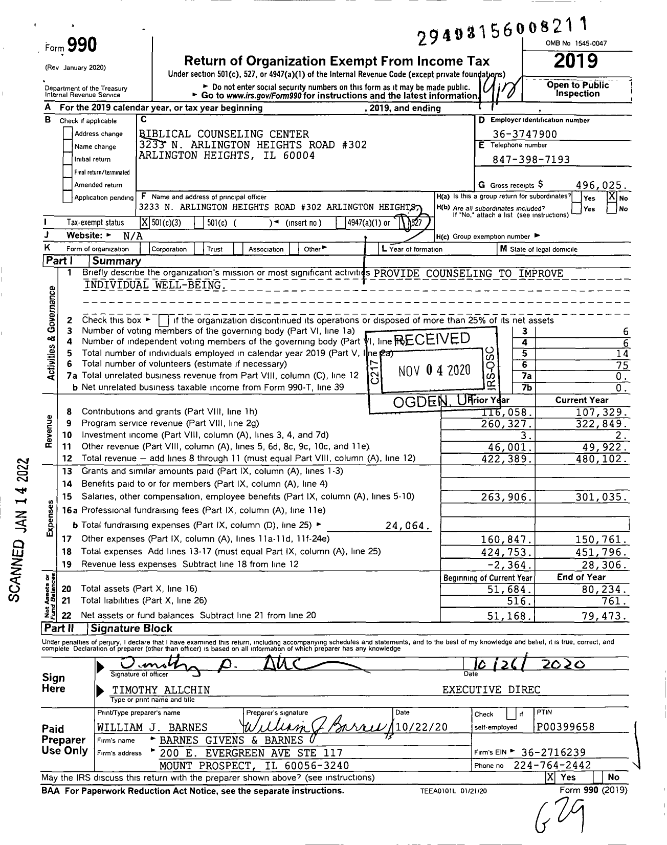 Image of first page of 2019 Form 990 for Biblical Counseling Center