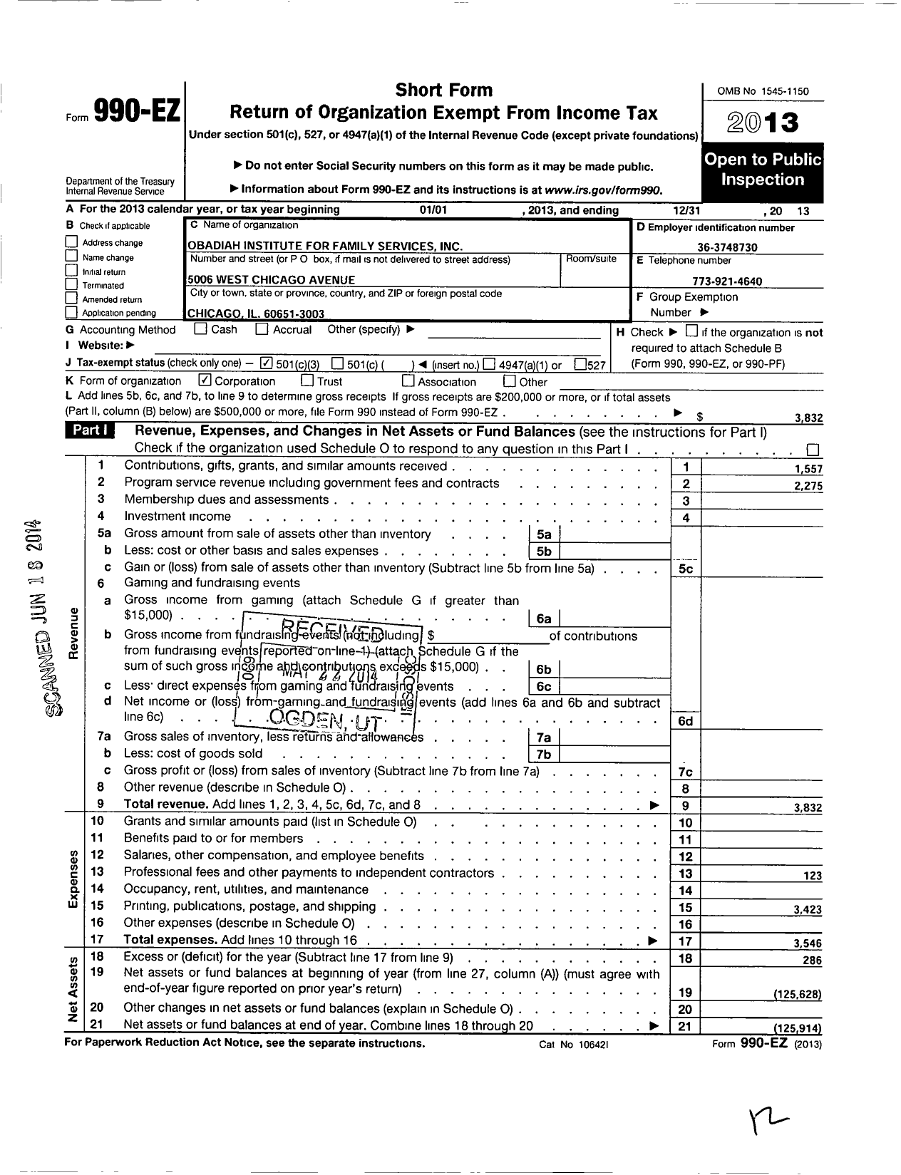Image of first page of 2013 Form 990EZ for Obadiah Institute for Family Services