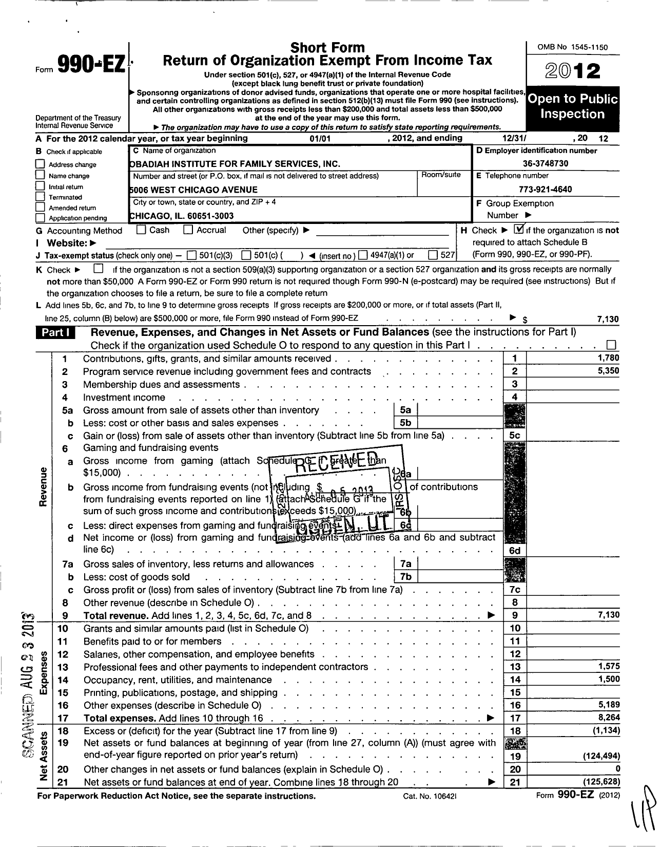 Image of first page of 2012 Form 990EO for Obadiah Institute for Family Services