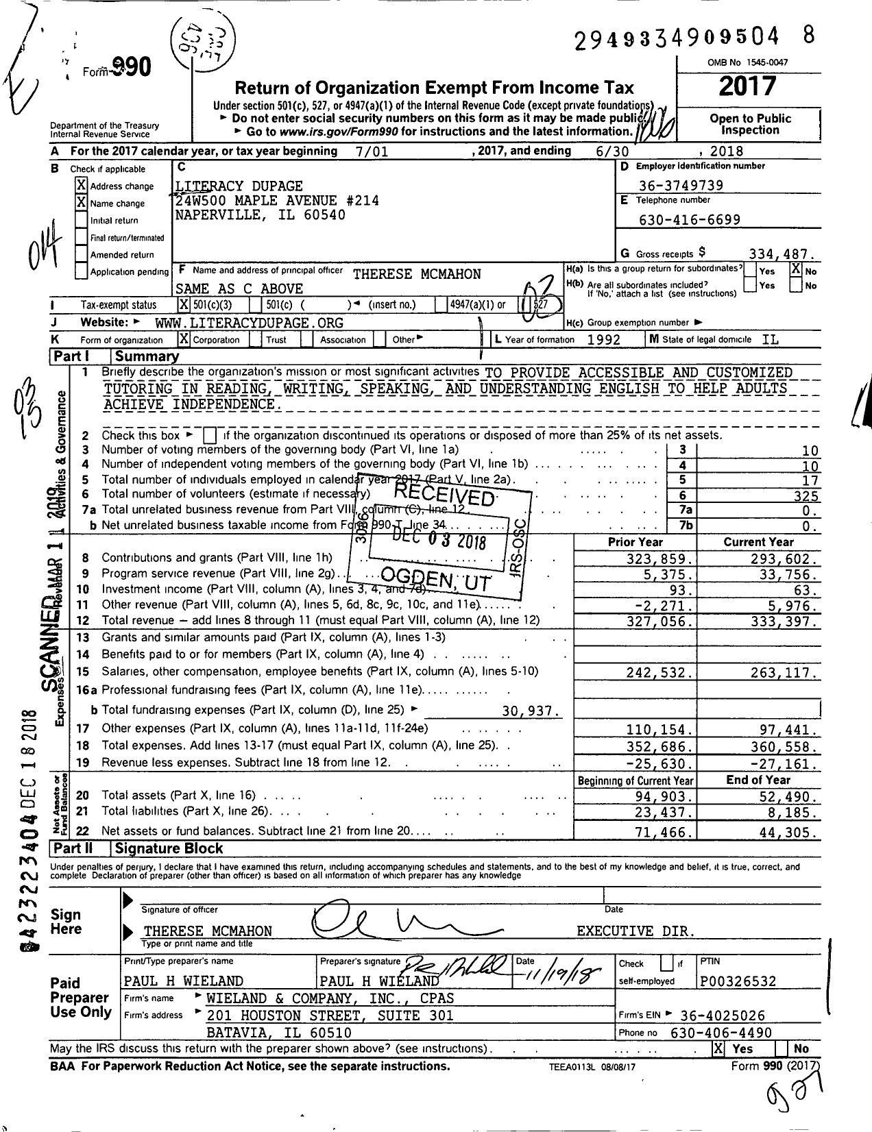 Image of first page of 2017 Form 990 for Literacy Dupage
