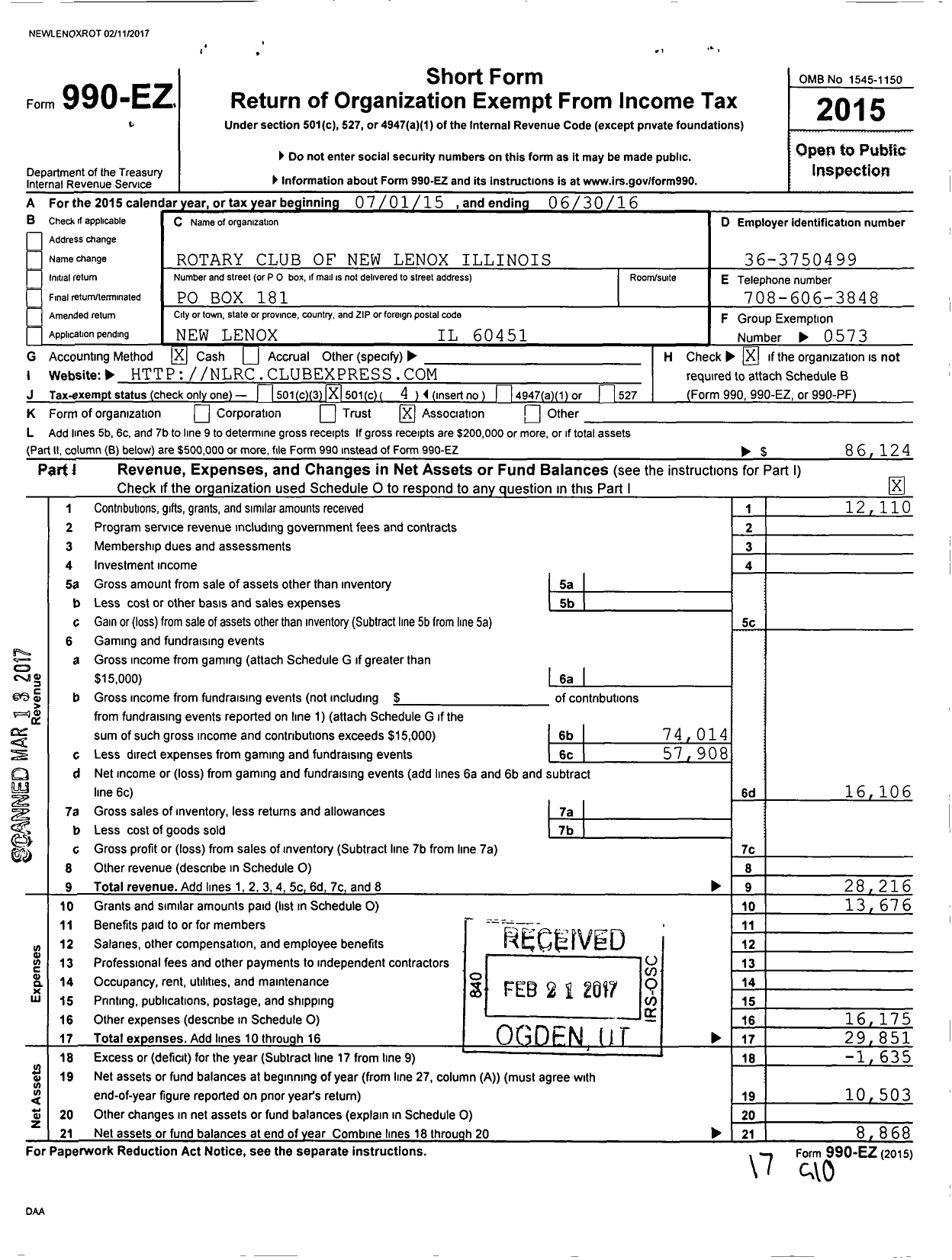 Image of first page of 2015 Form 990EO for Rotary International - Rotary Club of New Lenox Illinois U