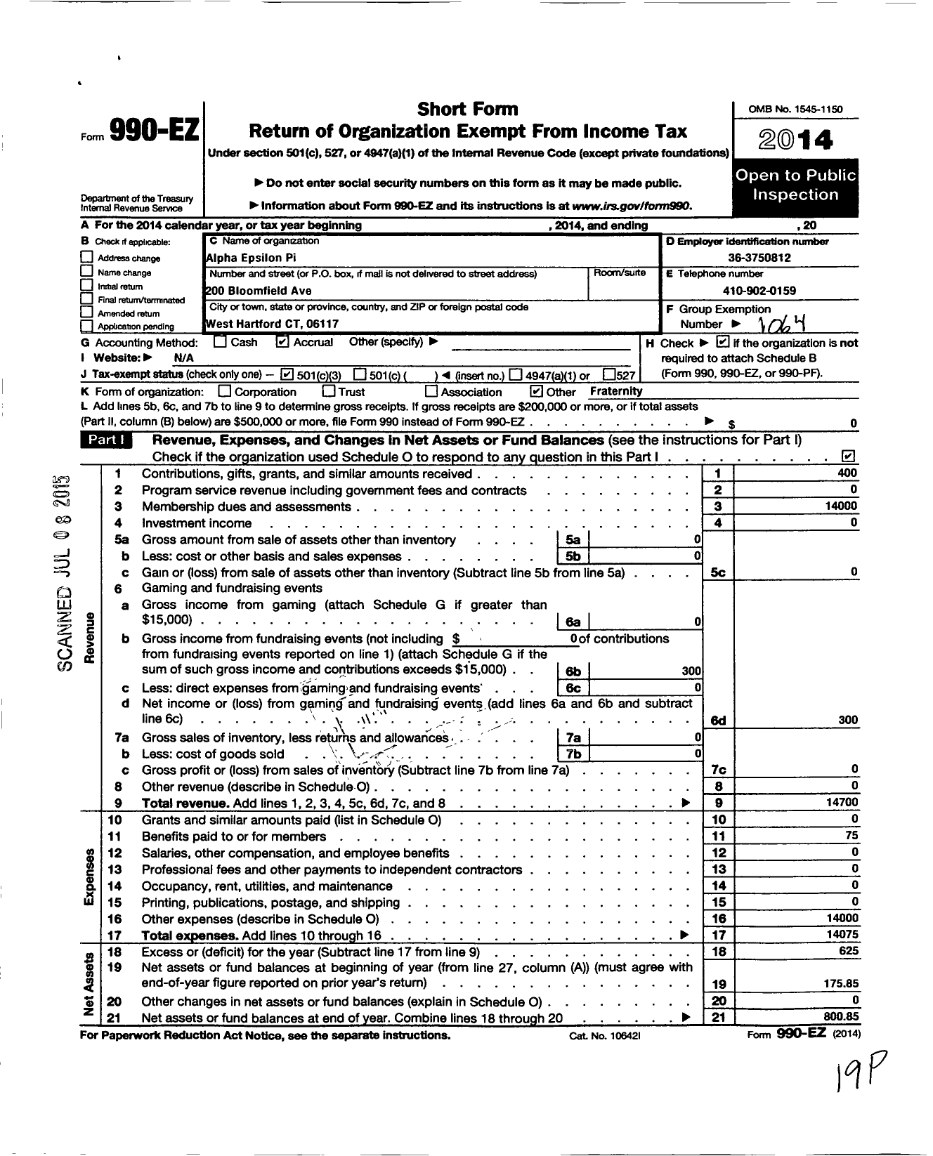 Image of first page of 2014 Form 990EZ for Alpha Epsilon Pi Fraternity / Eta Upsilon Chapter