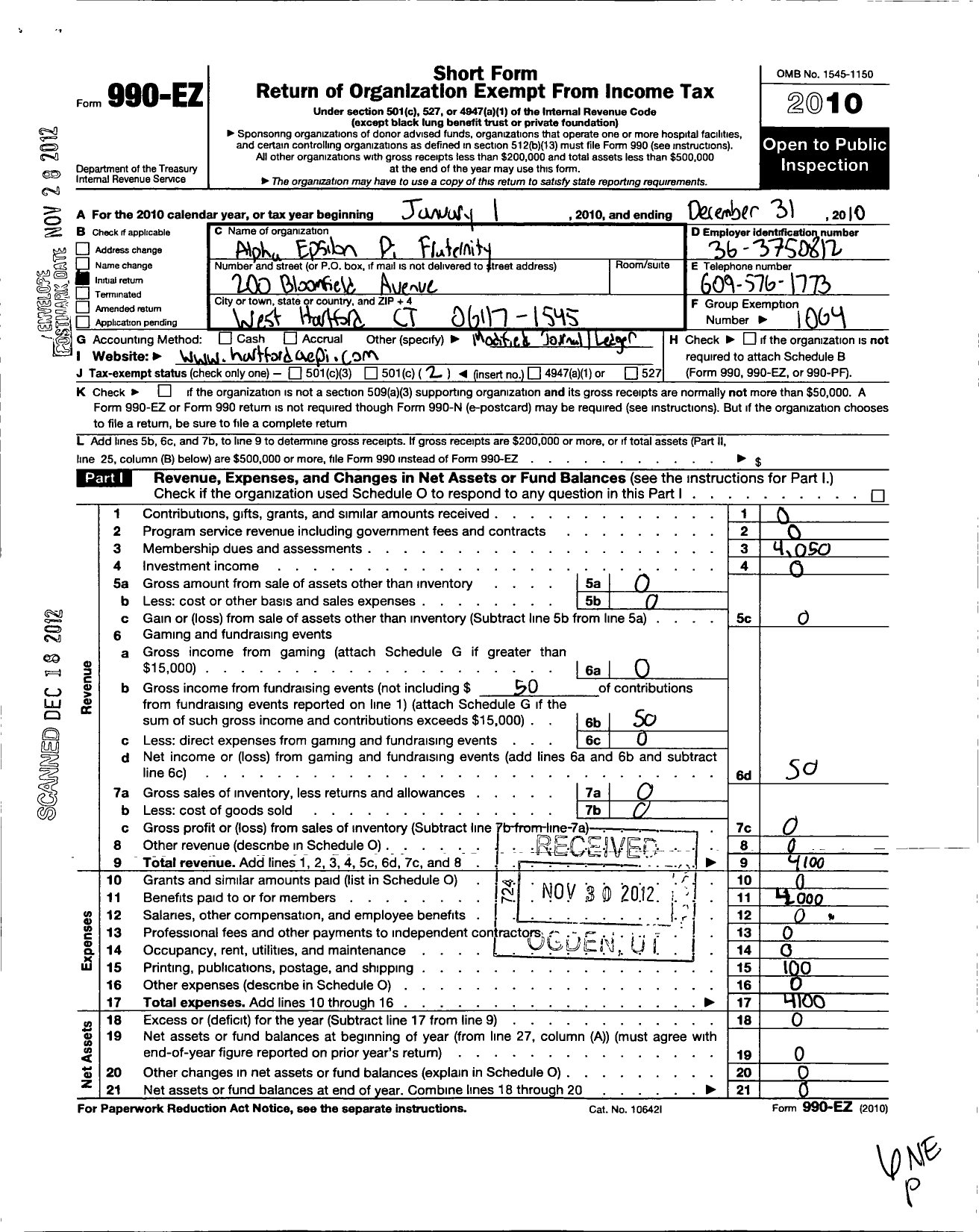 Image of first page of 2010 Form 990EO for Alpha Epsilon Pi Fraternity / Eta Upsilon Chapter