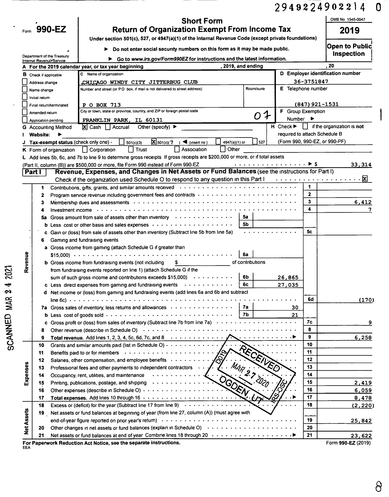 Image of first page of 2019 Form 990EO for Chicago Windy City Jitterbug Club