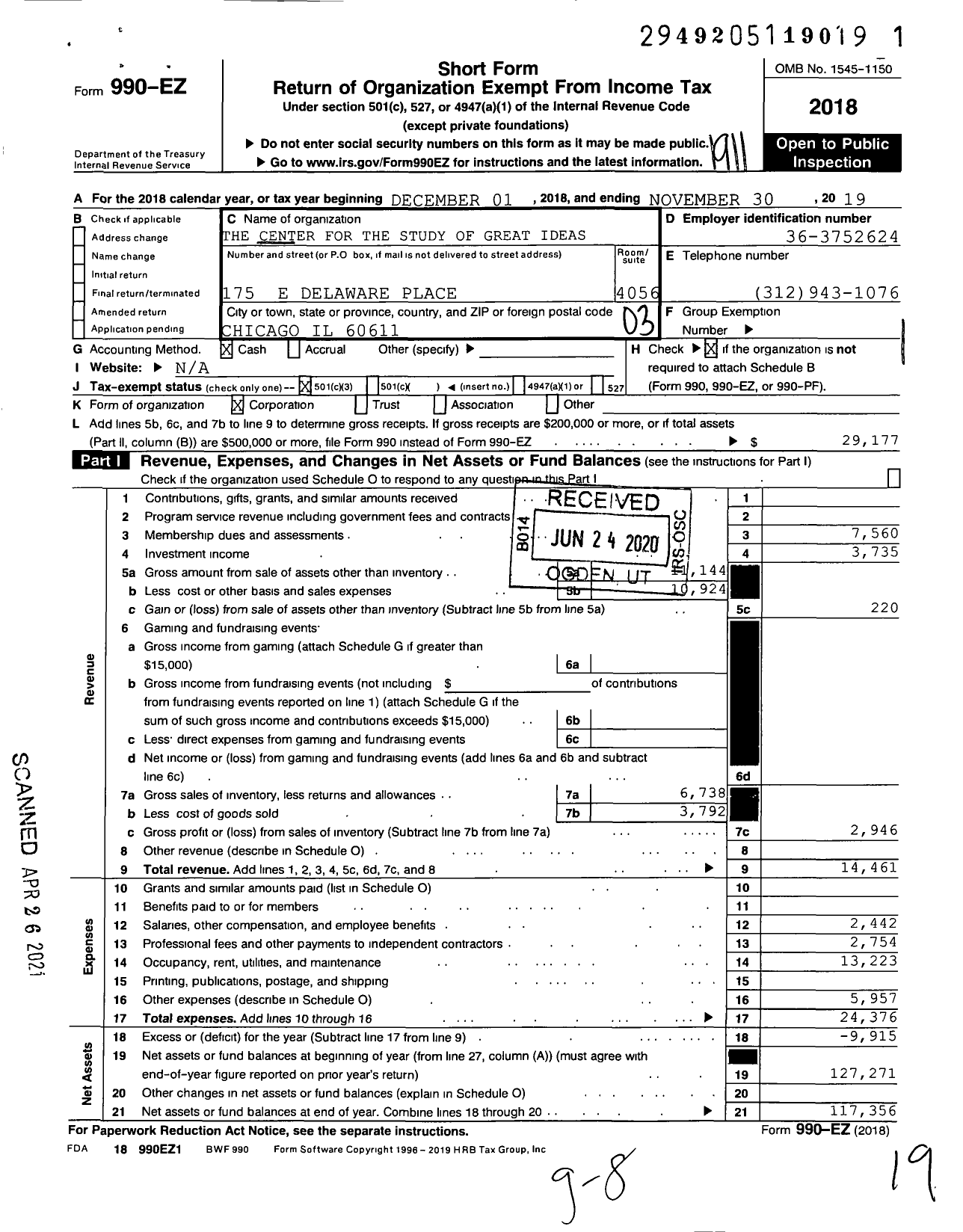 Image of first page of 2018 Form 990EZ for The Center for the Study of Great Ideas