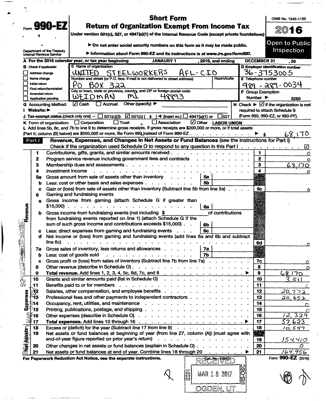 Image of first page of 2016 Form 990EO for United Steelworkers - 814 Local