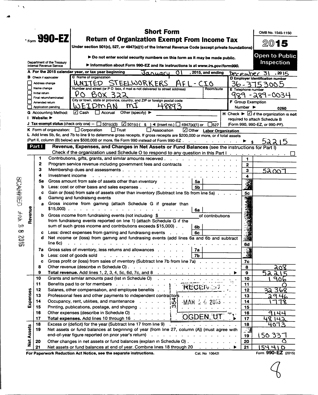 Image of first page of 2015 Form 990EO for United Steelworkers - 814 Local