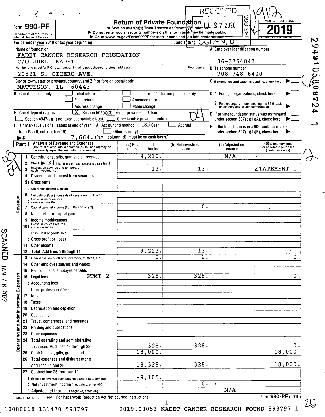 Image of first page of 2019 Form 990PF for Kadet Cancer Research Foundation