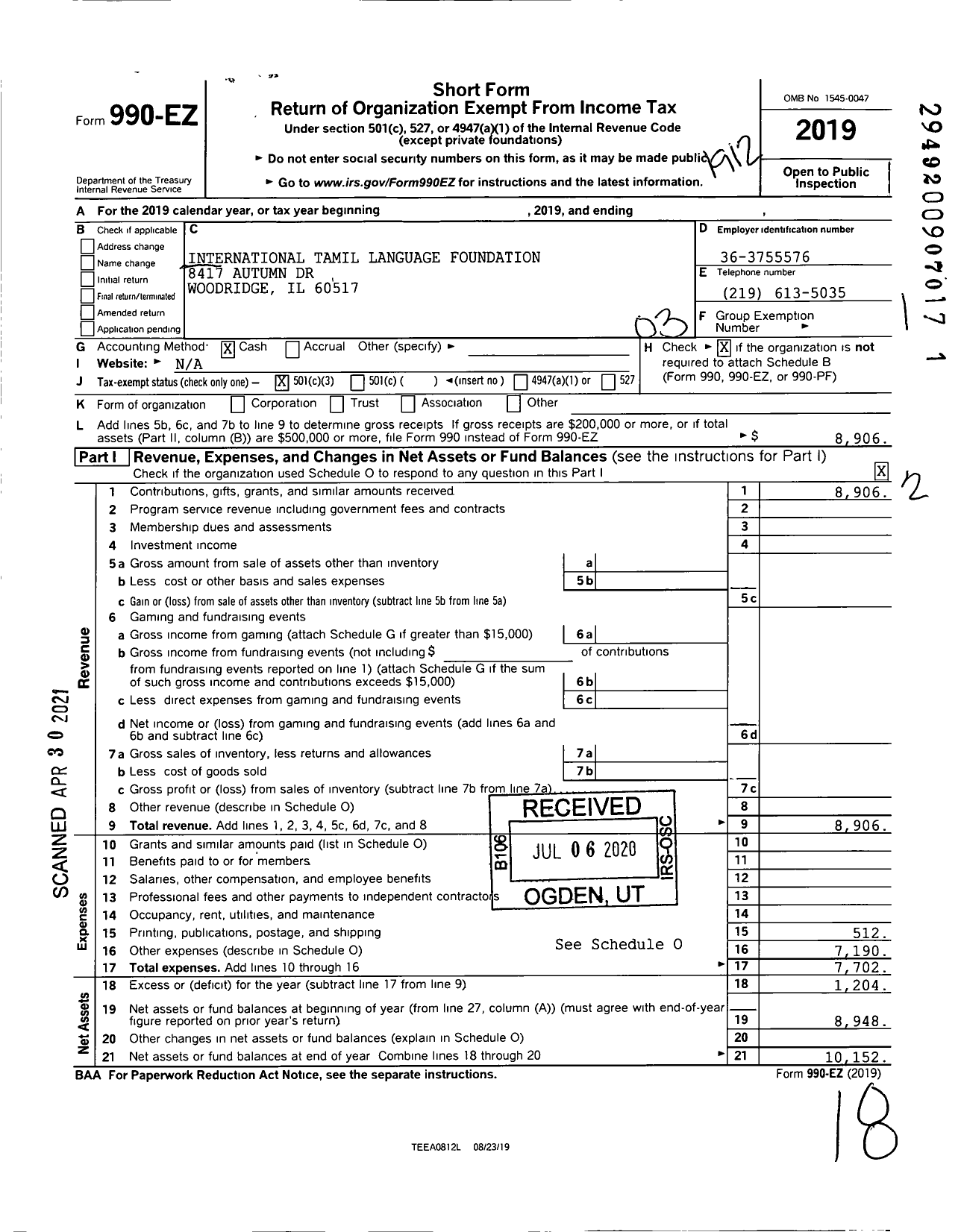 Image of first page of 2019 Form 990EZ for International Tamil Language Foundation