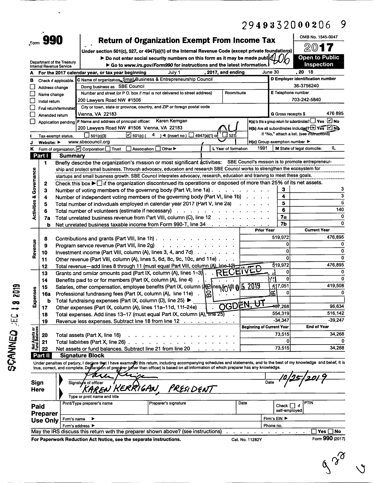 Image of first page of 2017 Form 990O for SBE Council