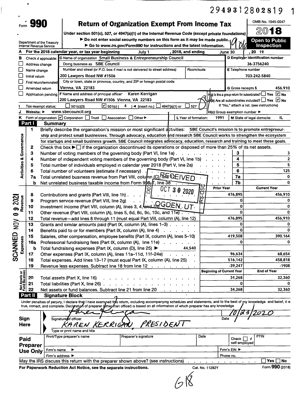 Image of first page of 2018 Form 990O for SBE Council