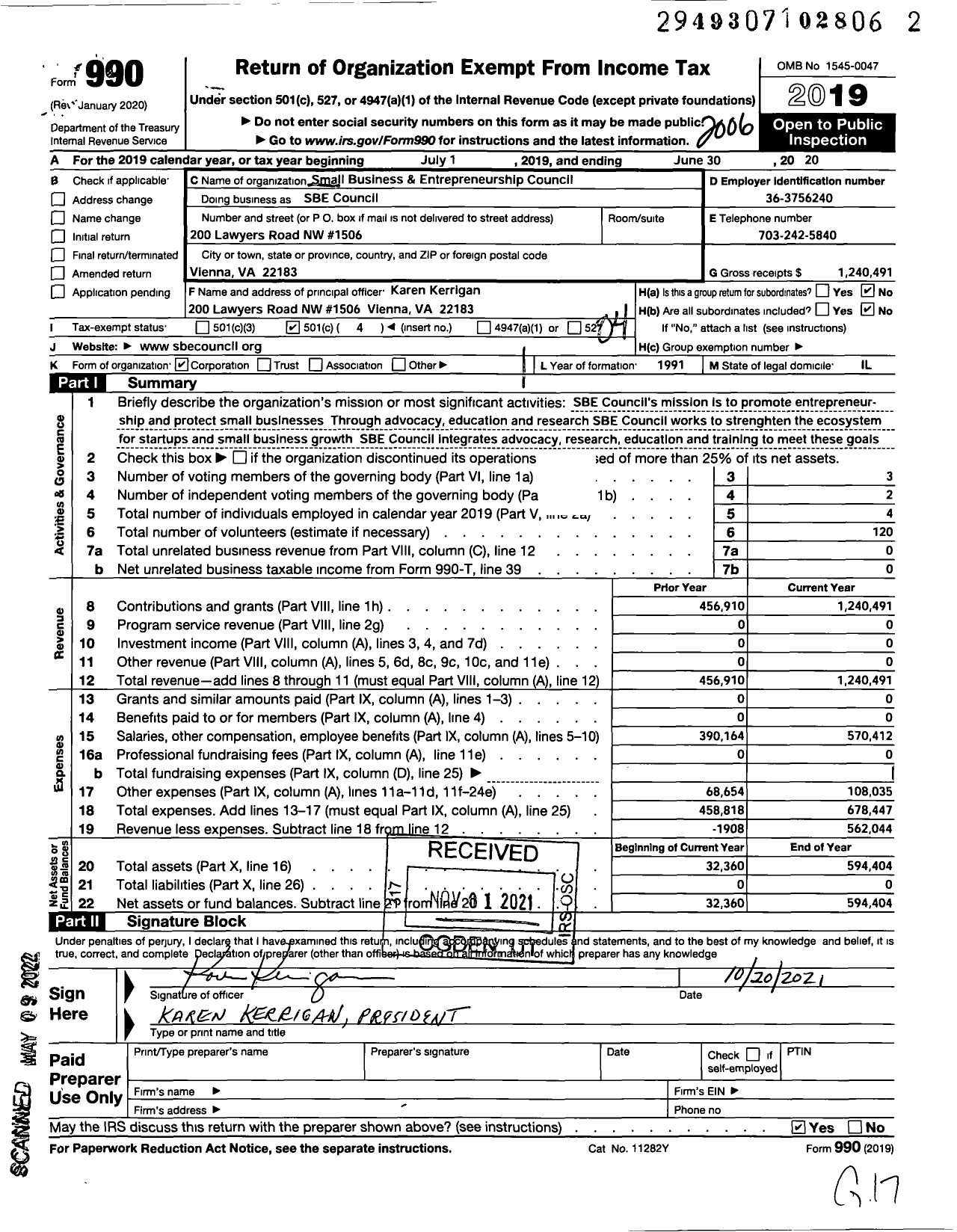 Image of first page of 2019 Form 990O for SBE Council