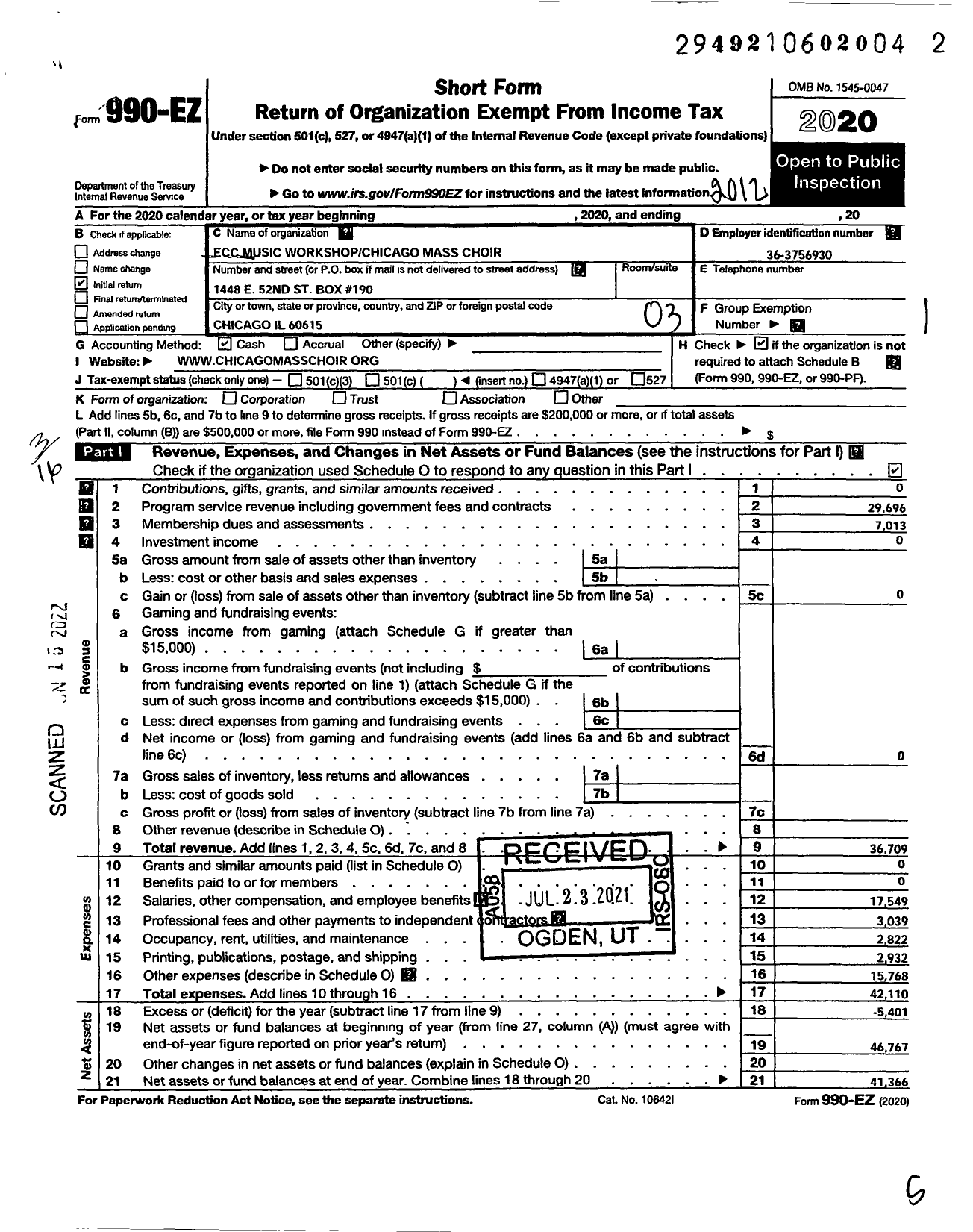 Image of first page of 2020 Form 990EZ for Ecc Music Wkshopchicago Mass Choir