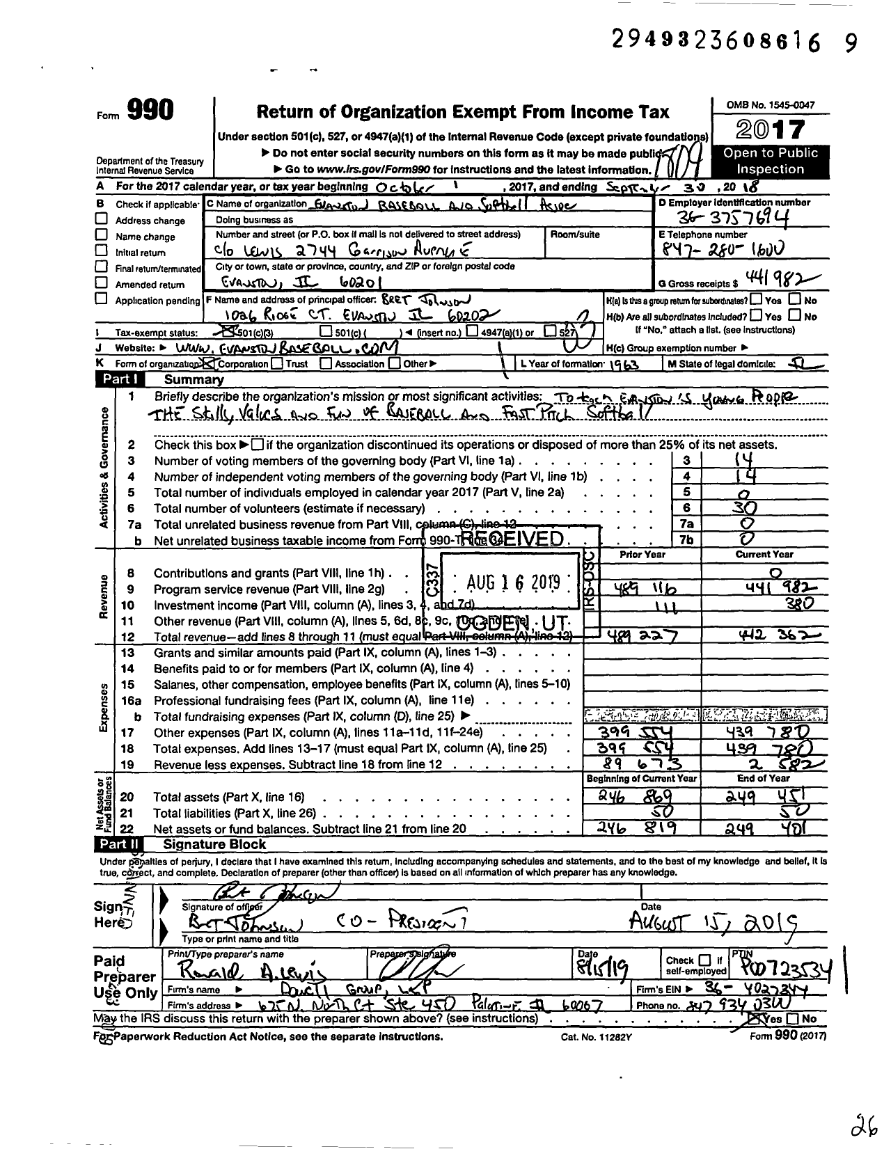 Image of first page of 2017 Form 990 for Evanston Baseball and Softball Association