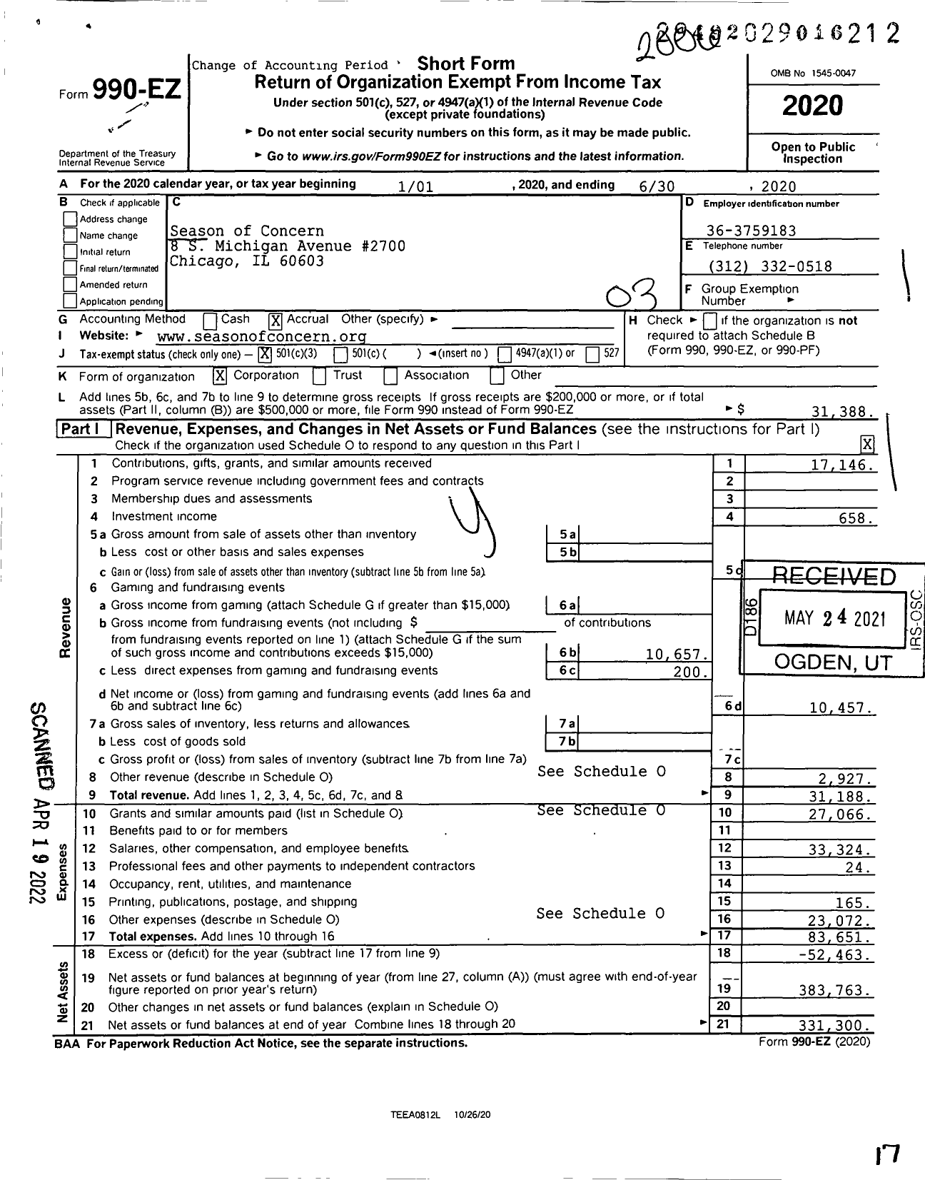 Image of first page of 2019 Form 990EZ for Season of Concern