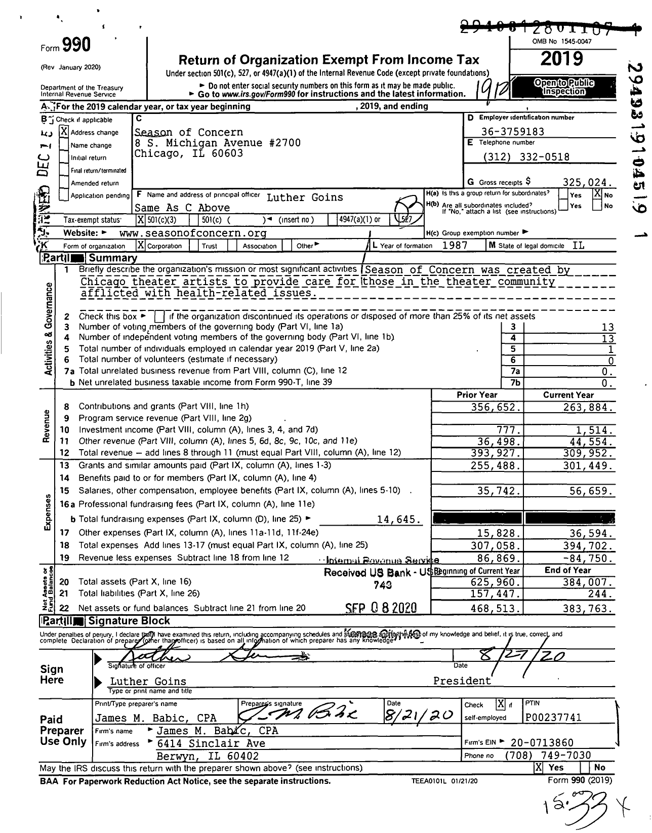 Image of first page of 2019 Form 990 for Season of Concern