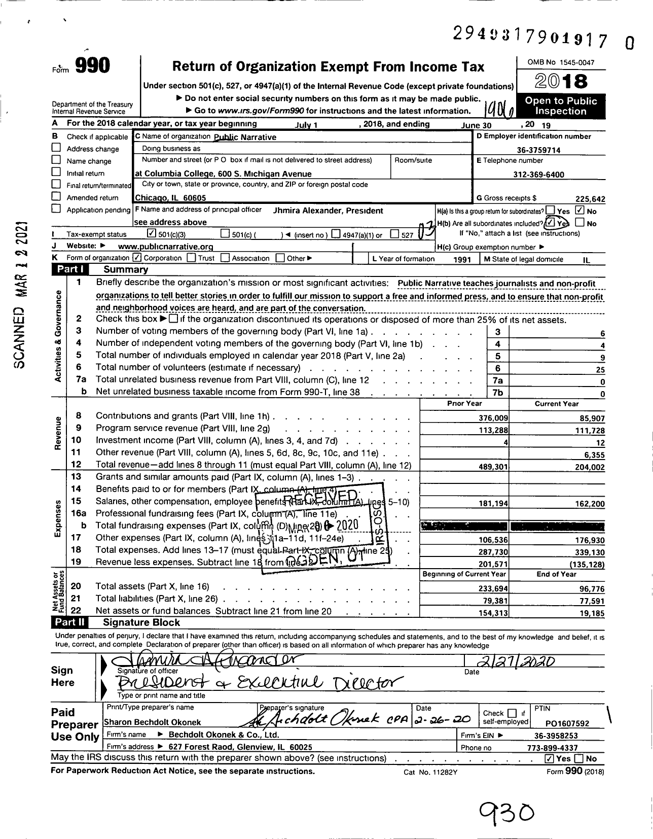 Image of first page of 2018 Form 990 for Public Narrative