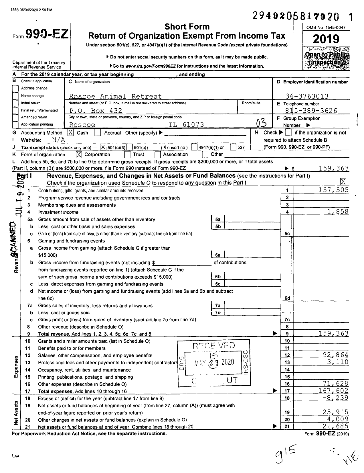 Image of first page of 2019 Form 990EZ for Roscoe Animal Retreat