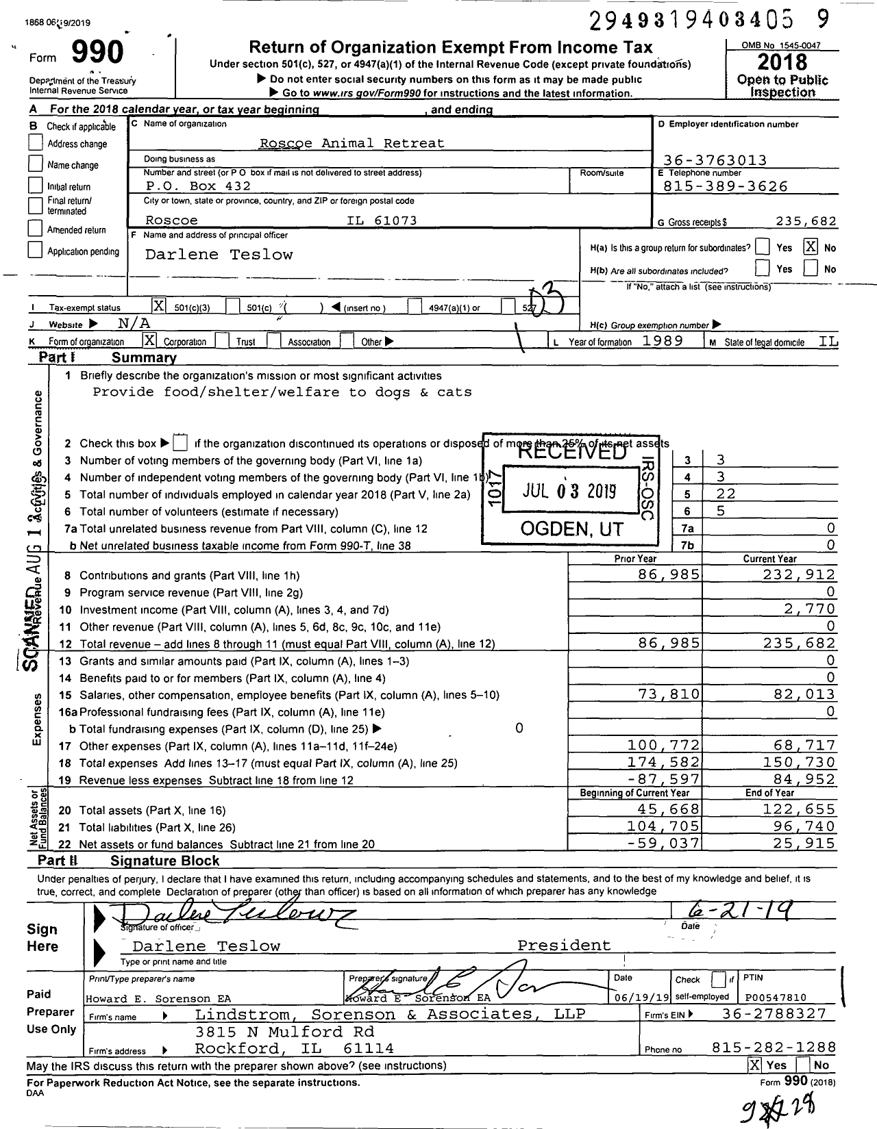 Image of first page of 2018 Form 990 for Roscoe Animal Retreat