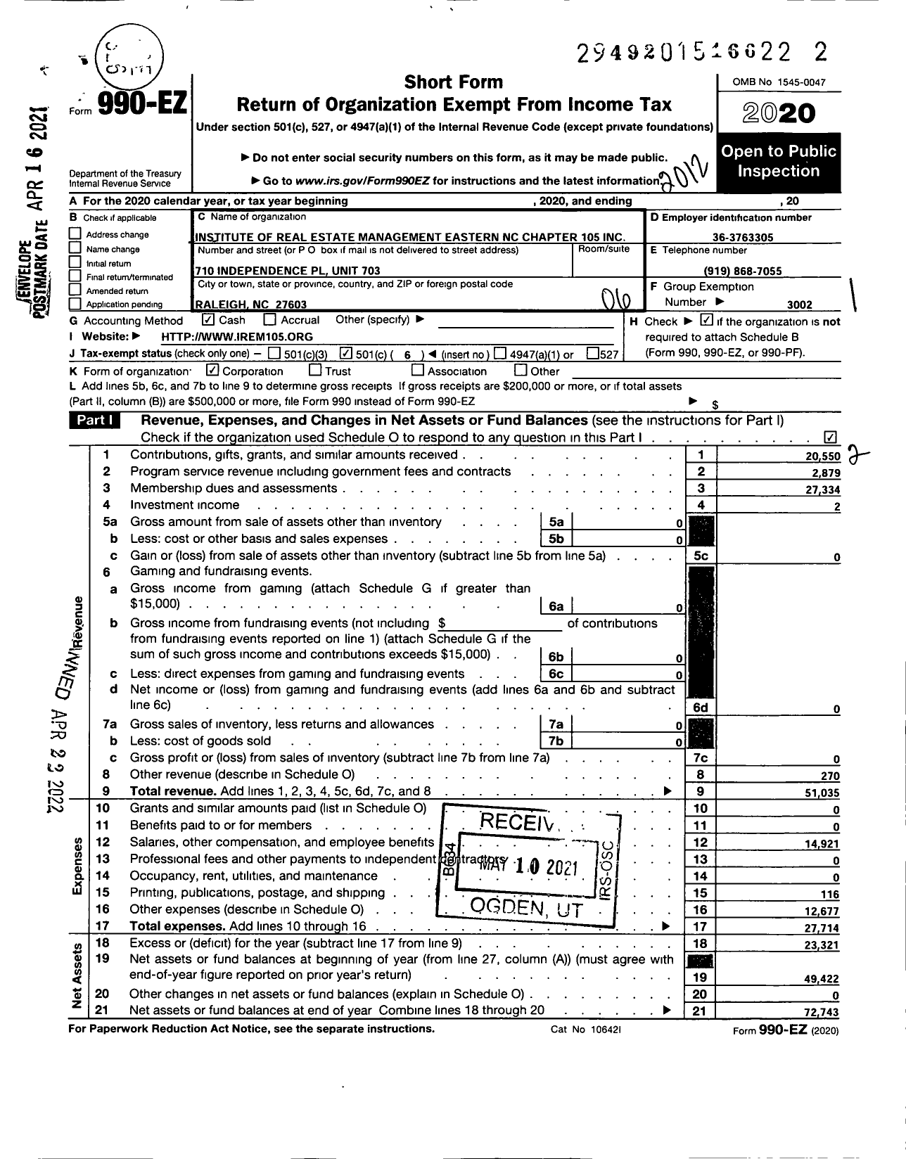 Image of first page of 2020 Form 990EO for Institute of Real Estate Management - 105 Greater Raleigh-Durham