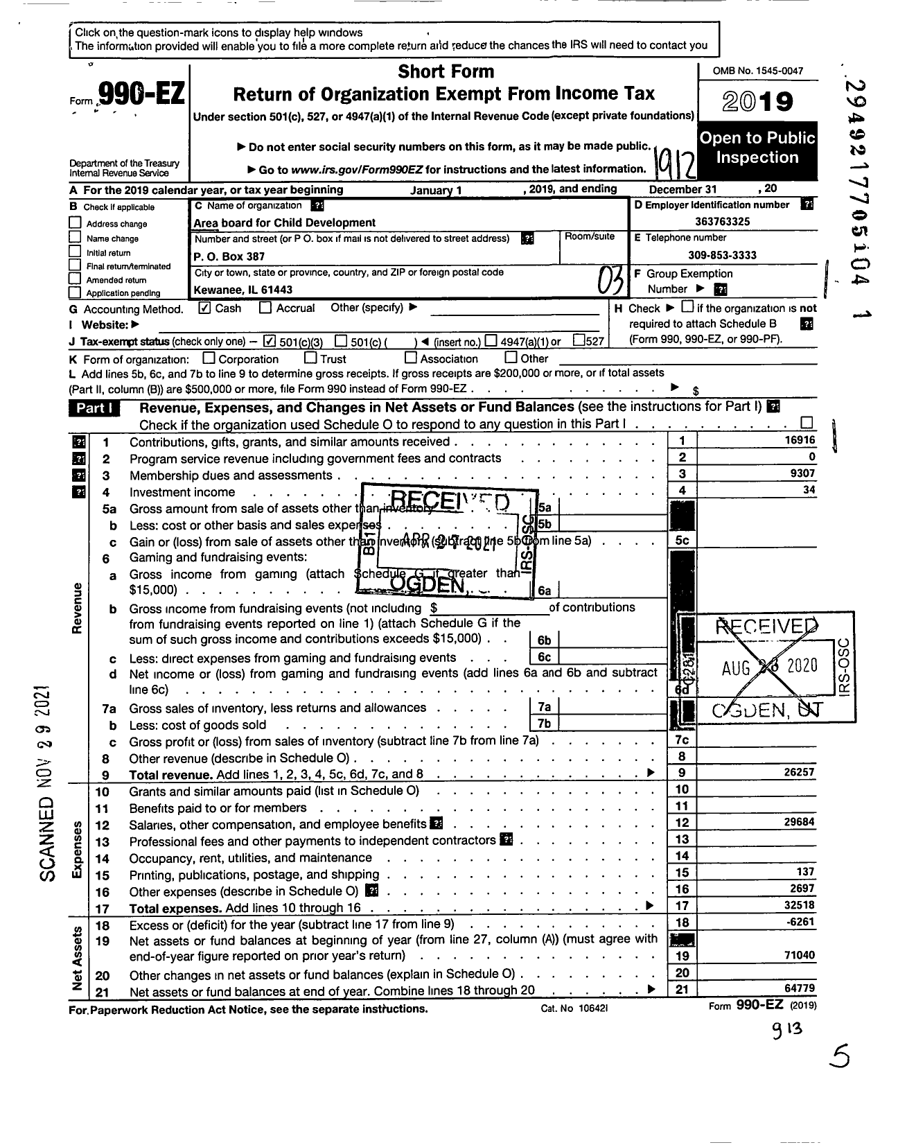 Image of first page of 2019 Form 990EZ for Area Board for Child Development