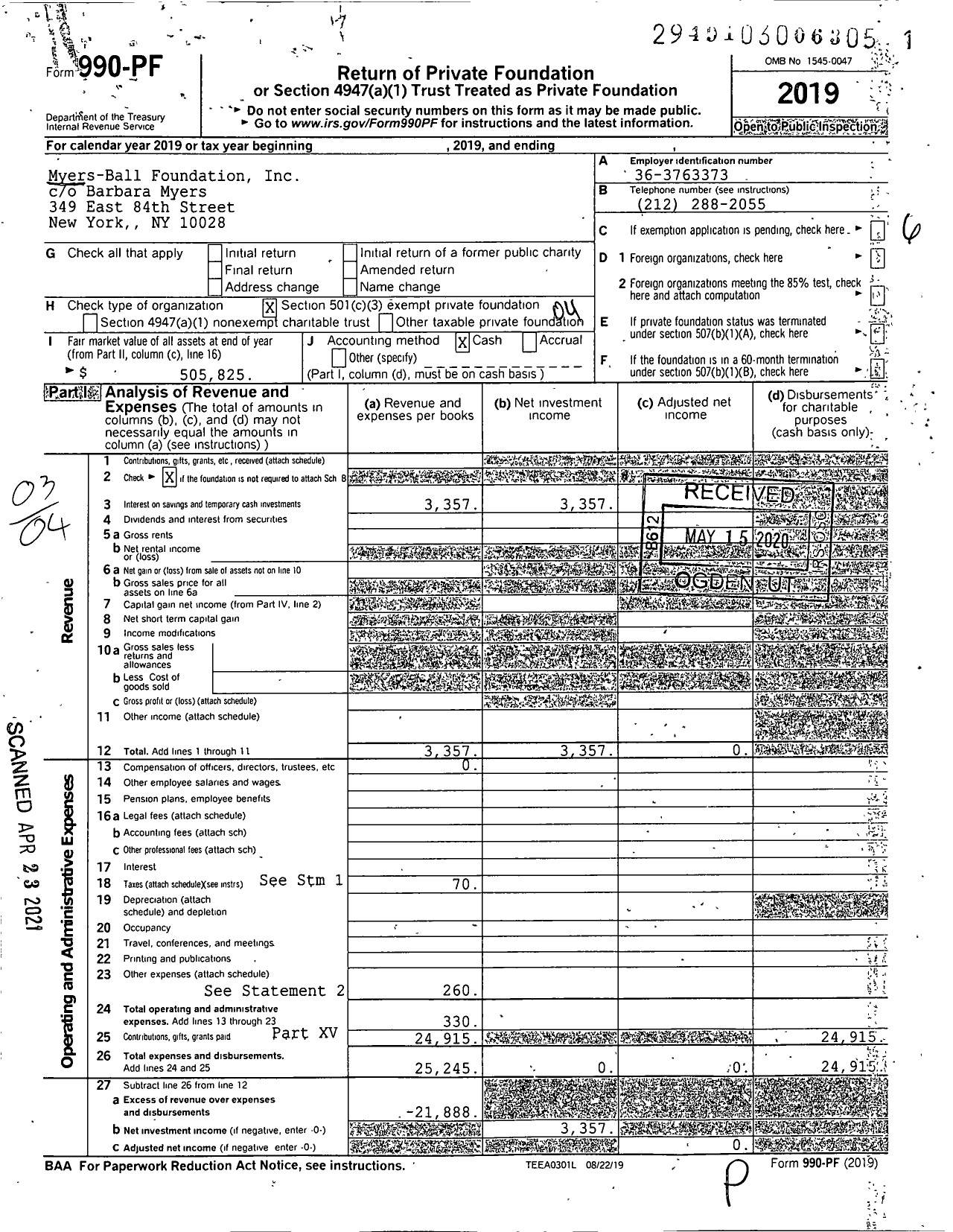 Image of first page of 2019 Form 990PF for Myers-Ball Foundation