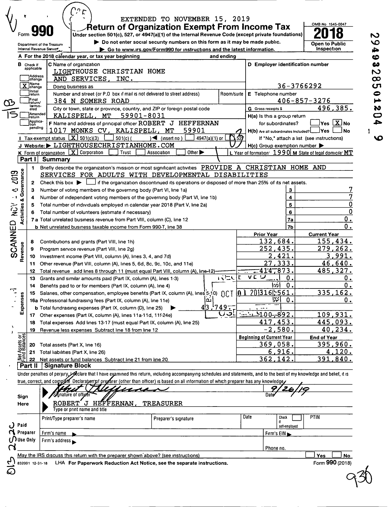 Image of first page of 2018 Form 990 for Lighthouse Christian Home and Services