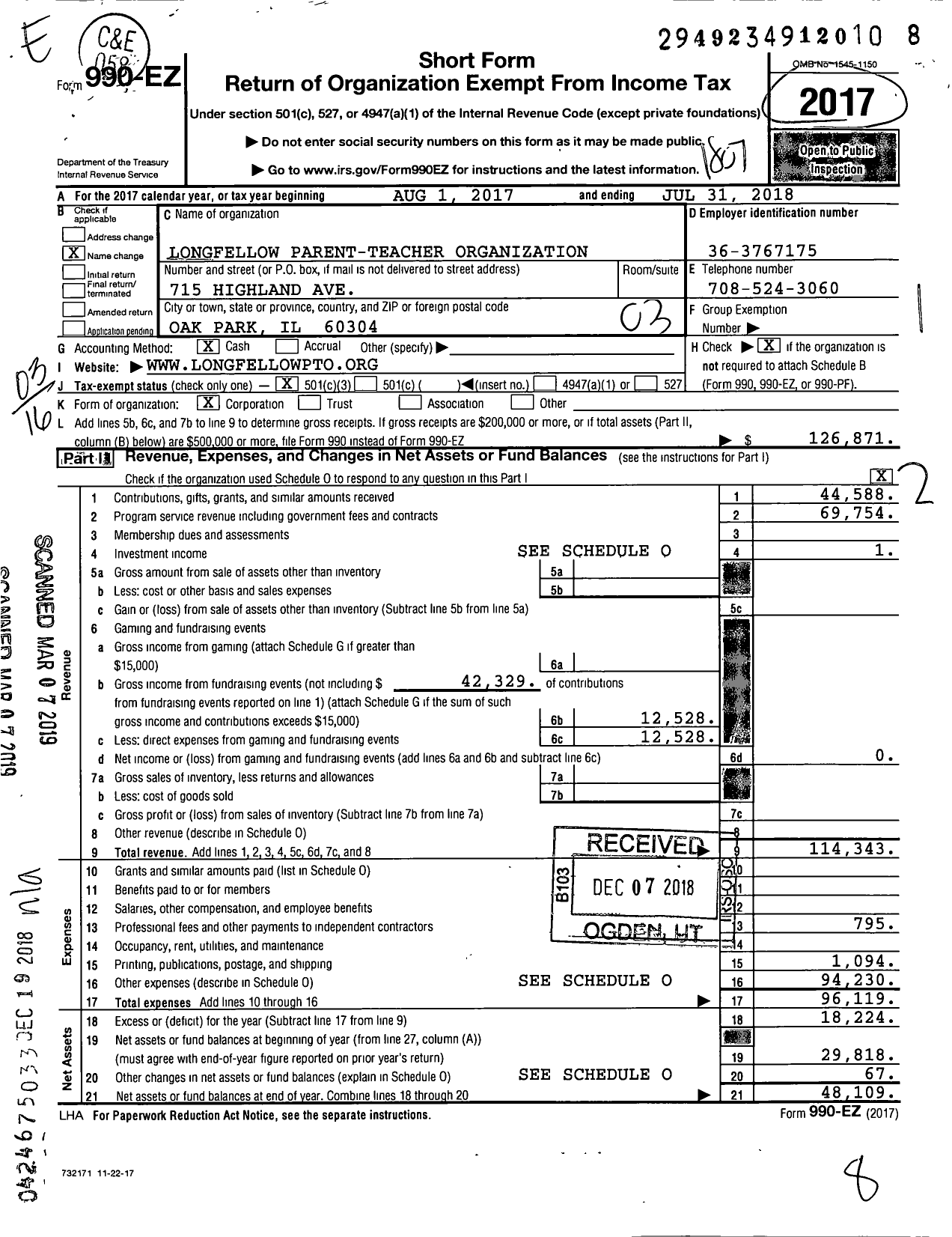 Image of first page of 2017 Form 990EZ for Longfellow Parent-Teacher Organization