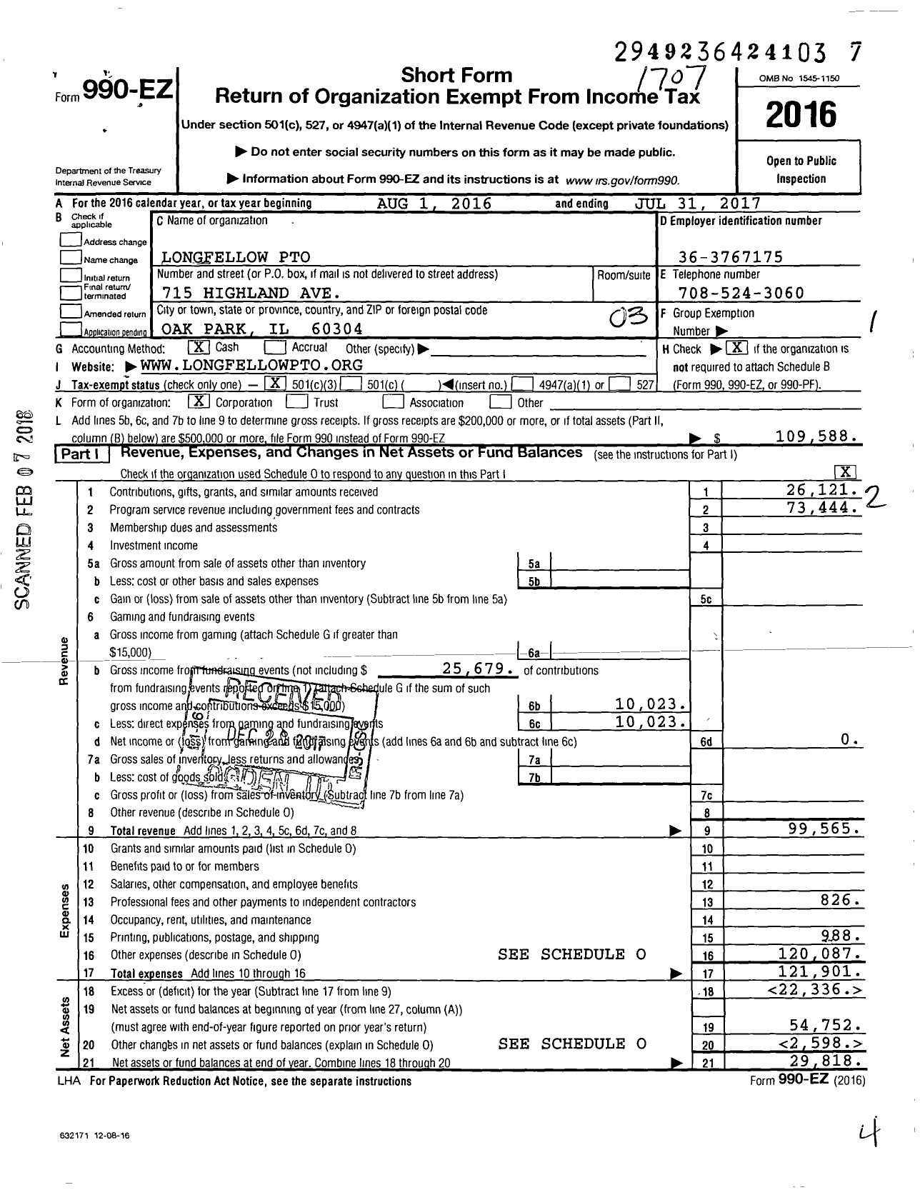 Image of first page of 2016 Form 990EZ for Longfellow Parent-Teacher Organization