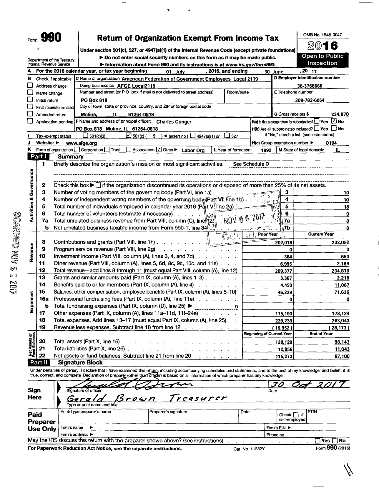 Image of first page of 2016 Form 990O for American Federation of Government Employees - AFGE Local 2119