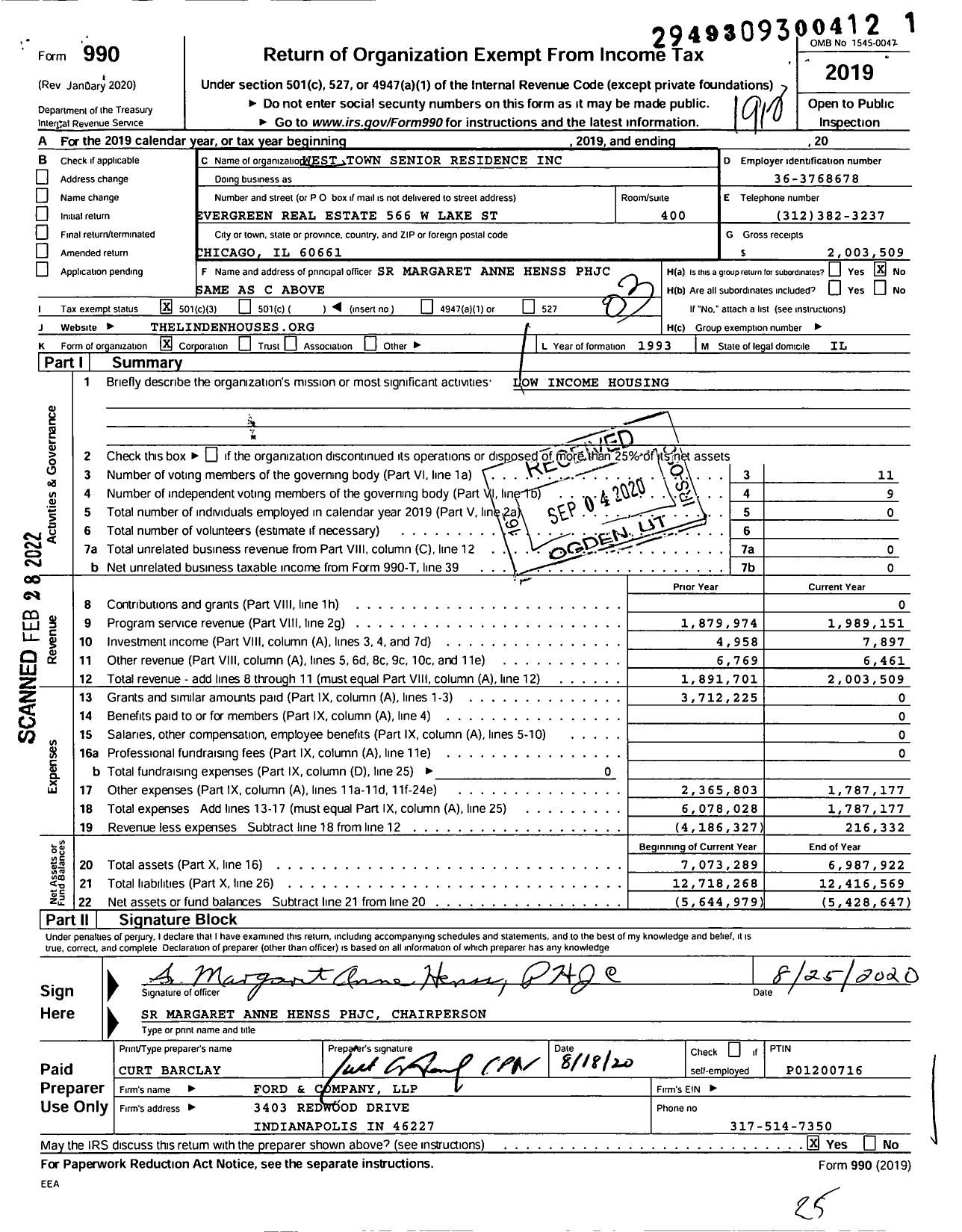 Image of first page of 2019 Form 990 for West Town Senior Residence