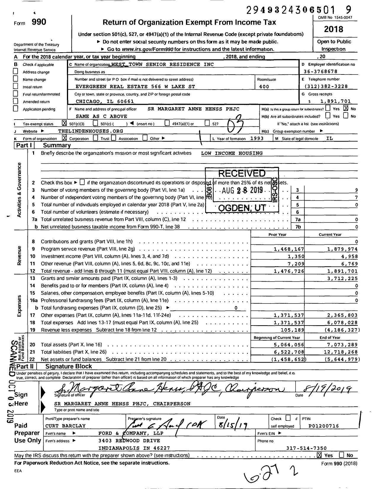 Image of first page of 2018 Form 990 for West Town Senior Residence