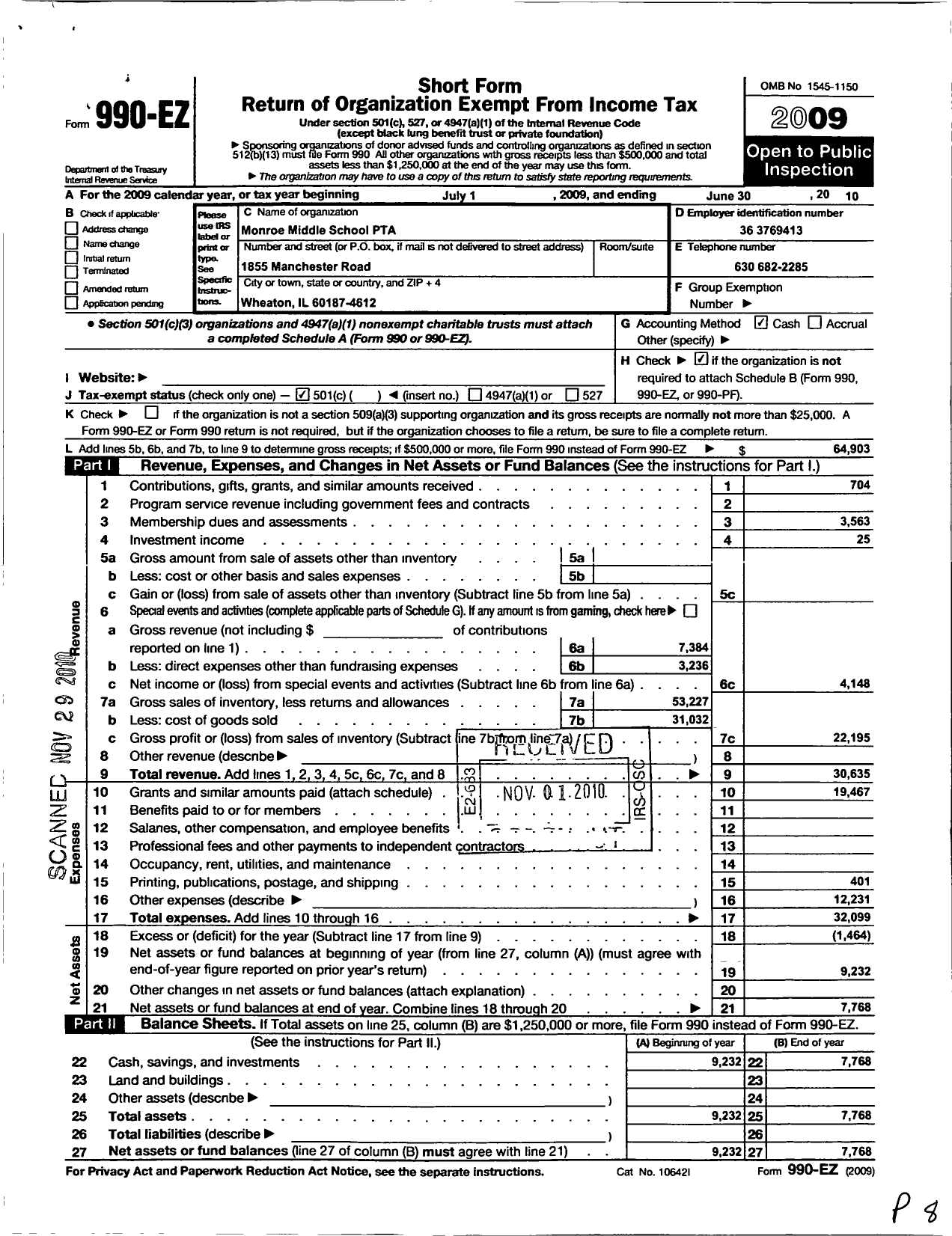 Image of first page of 2009 Form 990EO for Illinois PTA - Monroe Middle PTA