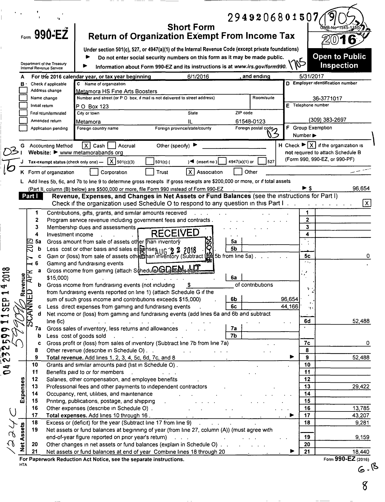 Image of first page of 2016 Form 990EZ for Metamora HS Fine Arts Boosters