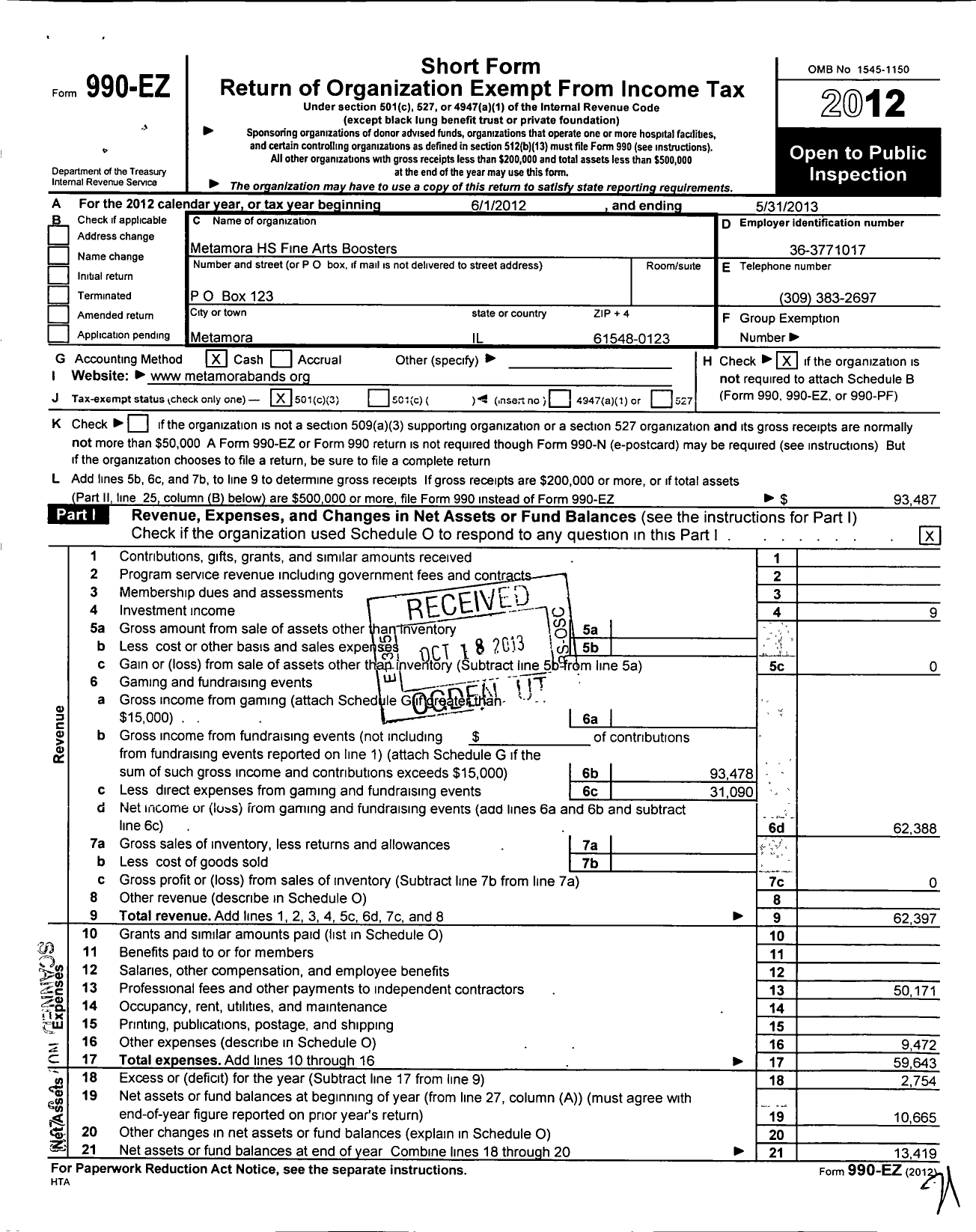 Image of first page of 2012 Form 990EZ for Metamora HS Fine Arts Boosters