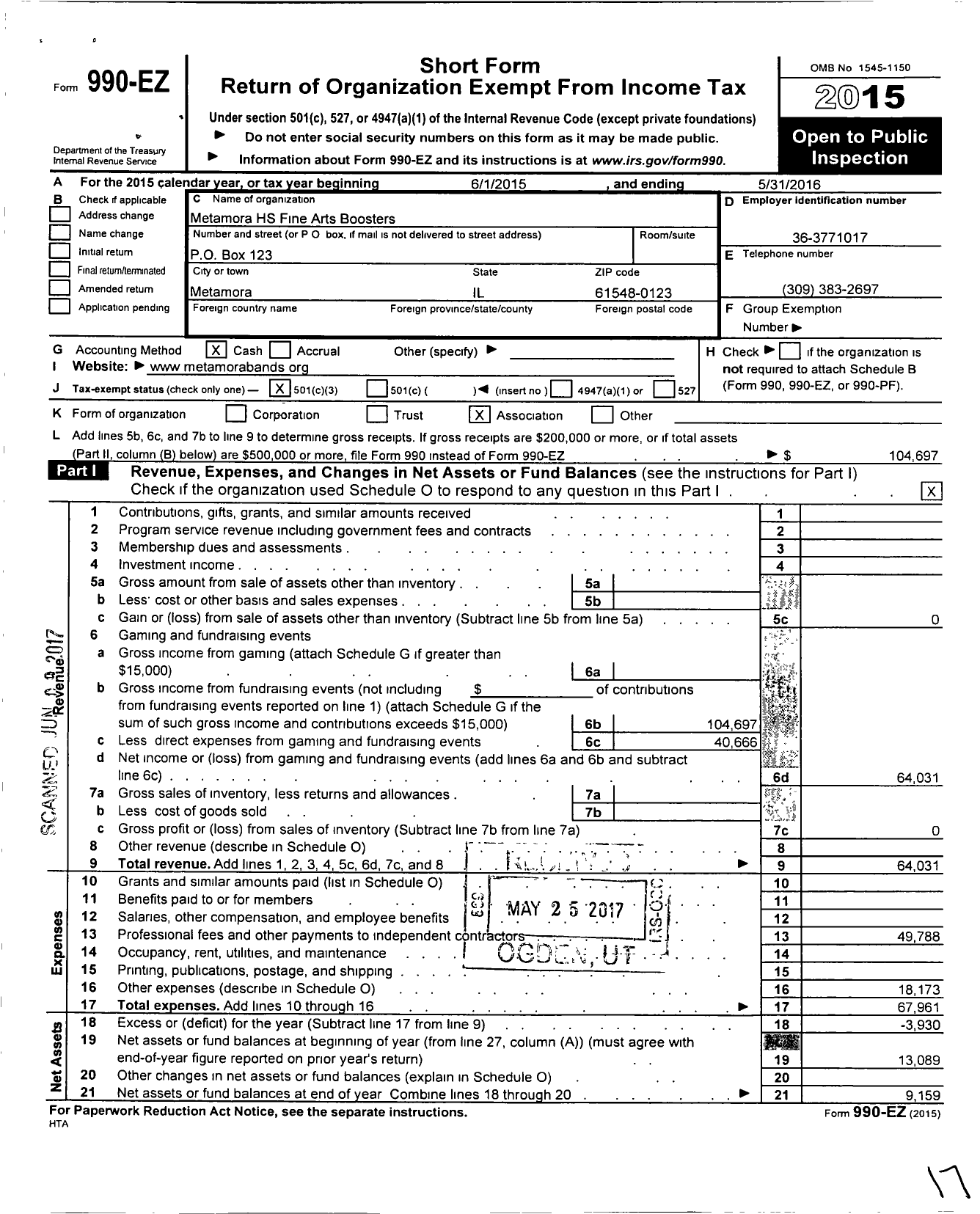 Image of first page of 2015 Form 990EZ for Metamora HS Fine Arts Boosters