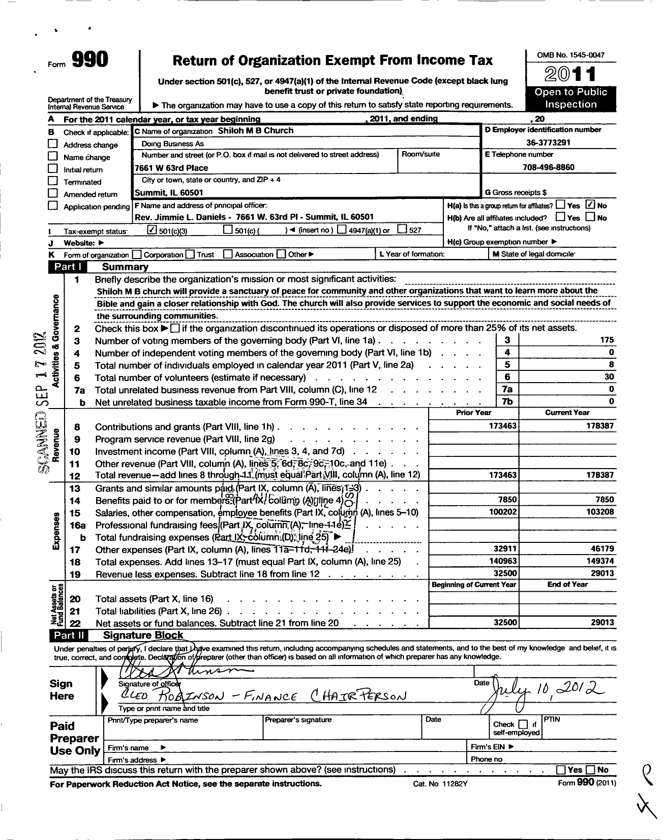 Image of first page of 2011 Form 990 for Shiloh Baptist Church of Argo Il