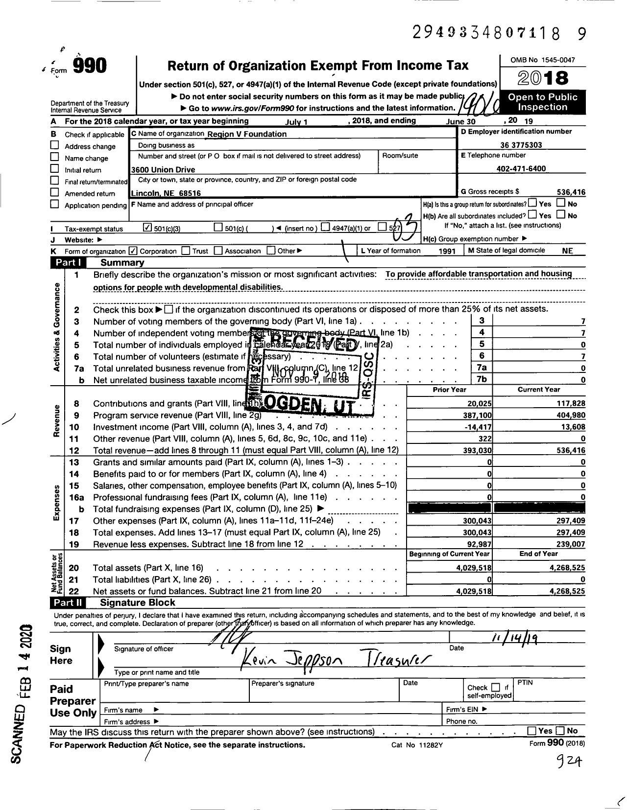 Image of first page of 2018 Form 990 for Region V Foundation
