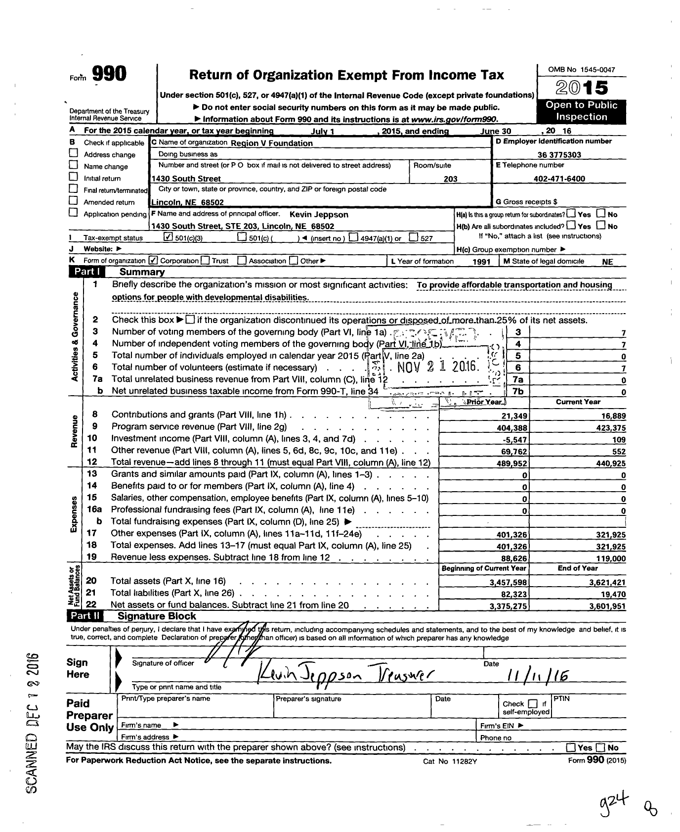 Image of first page of 2015 Form 990 for Region V Foundation