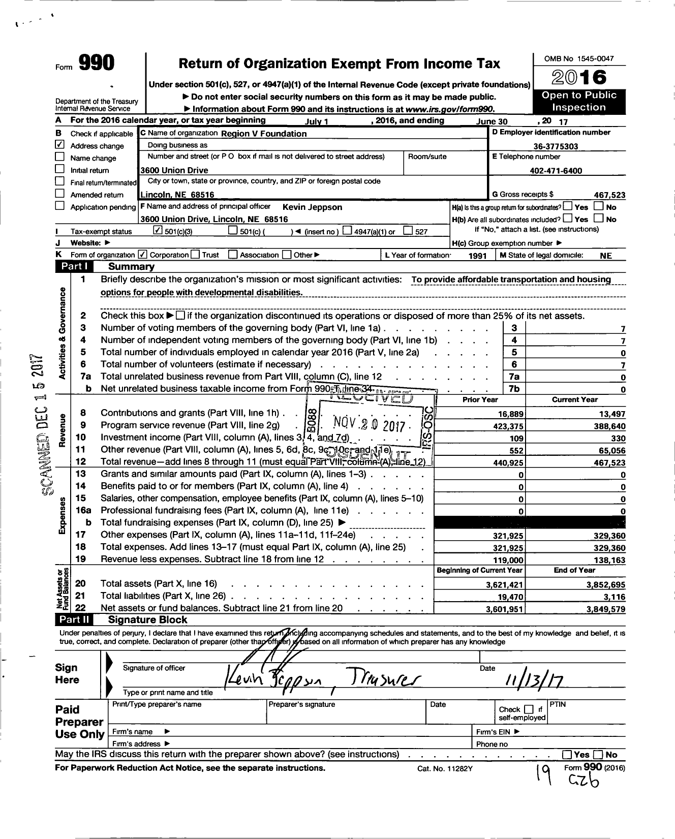 Image of first page of 2016 Form 990 for Region V Foundation