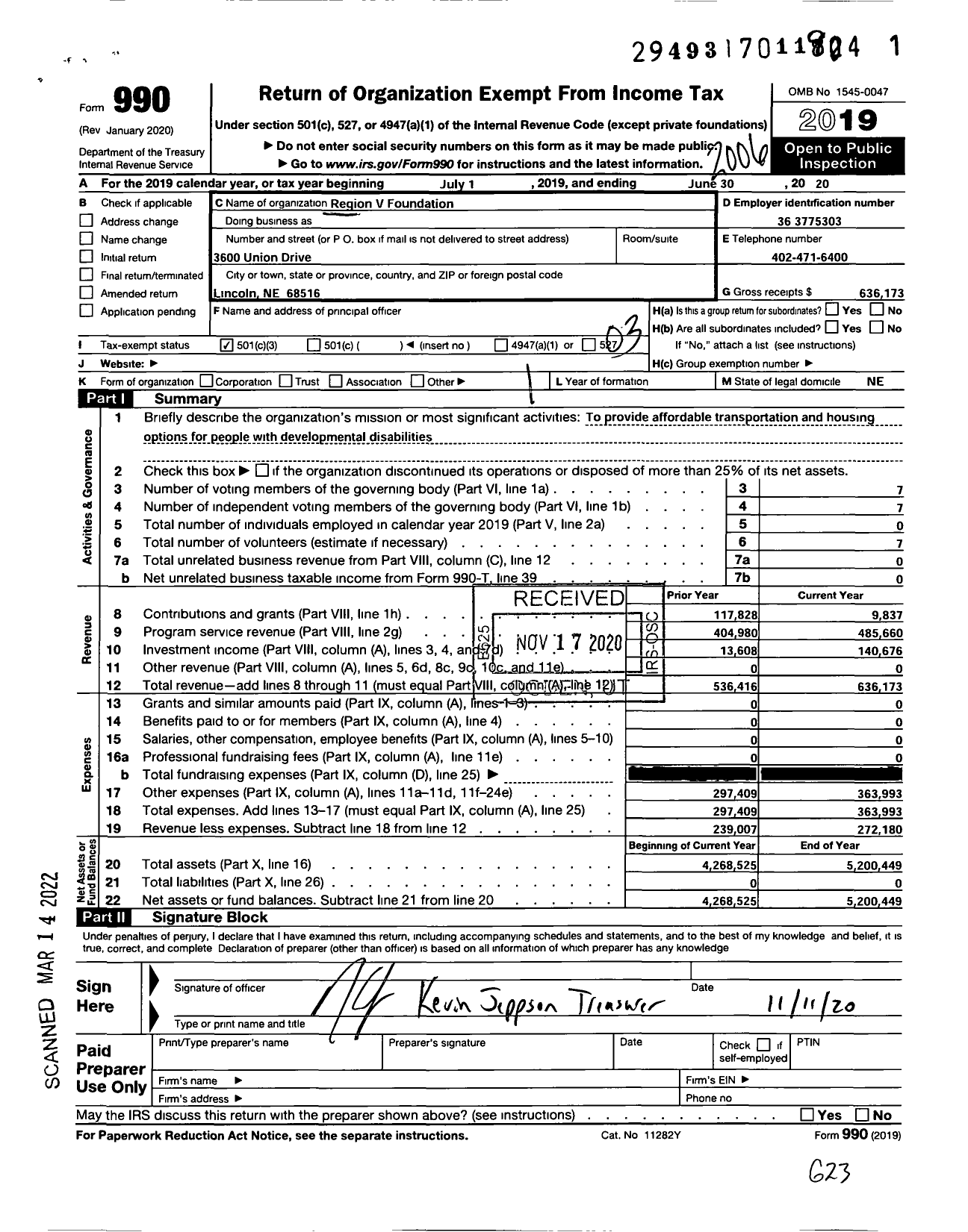 Image of first page of 2019 Form 990 for Region V Foundation