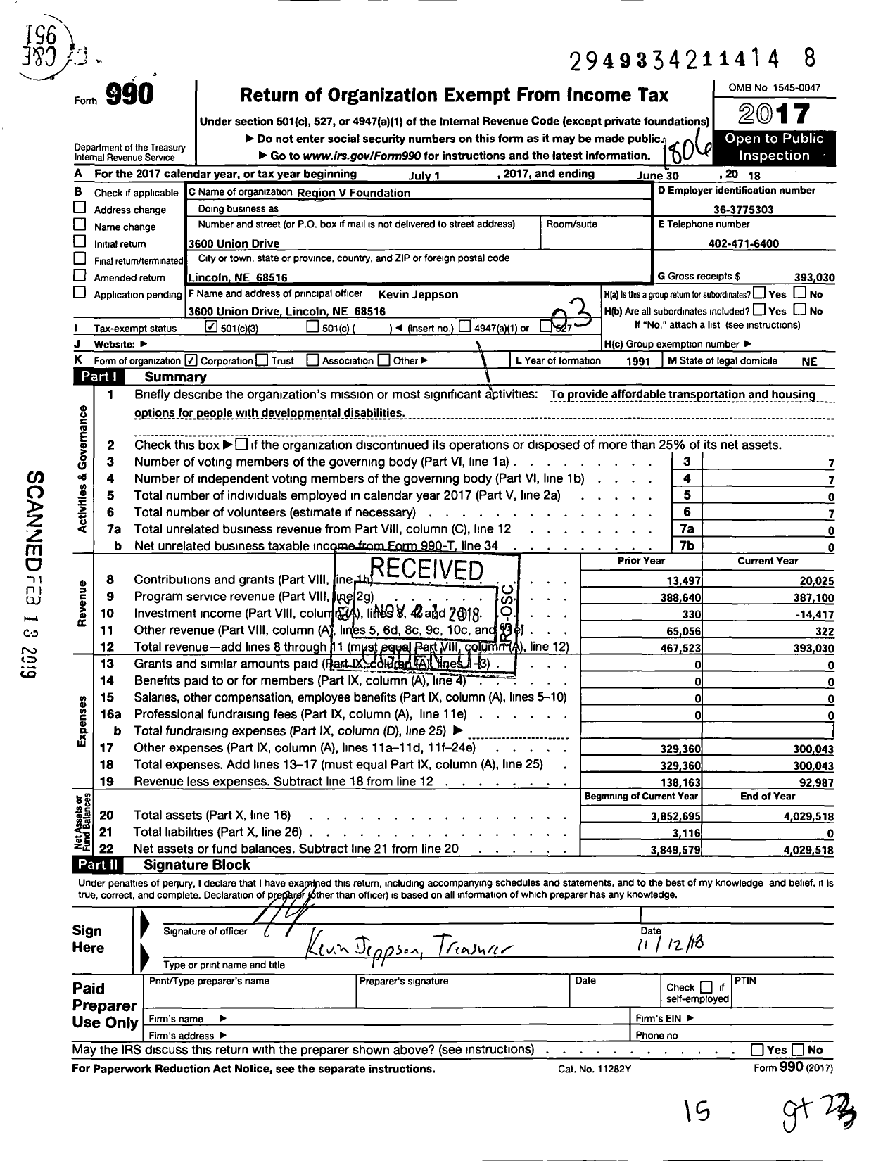 Image of first page of 2017 Form 990 for Region V Foundation