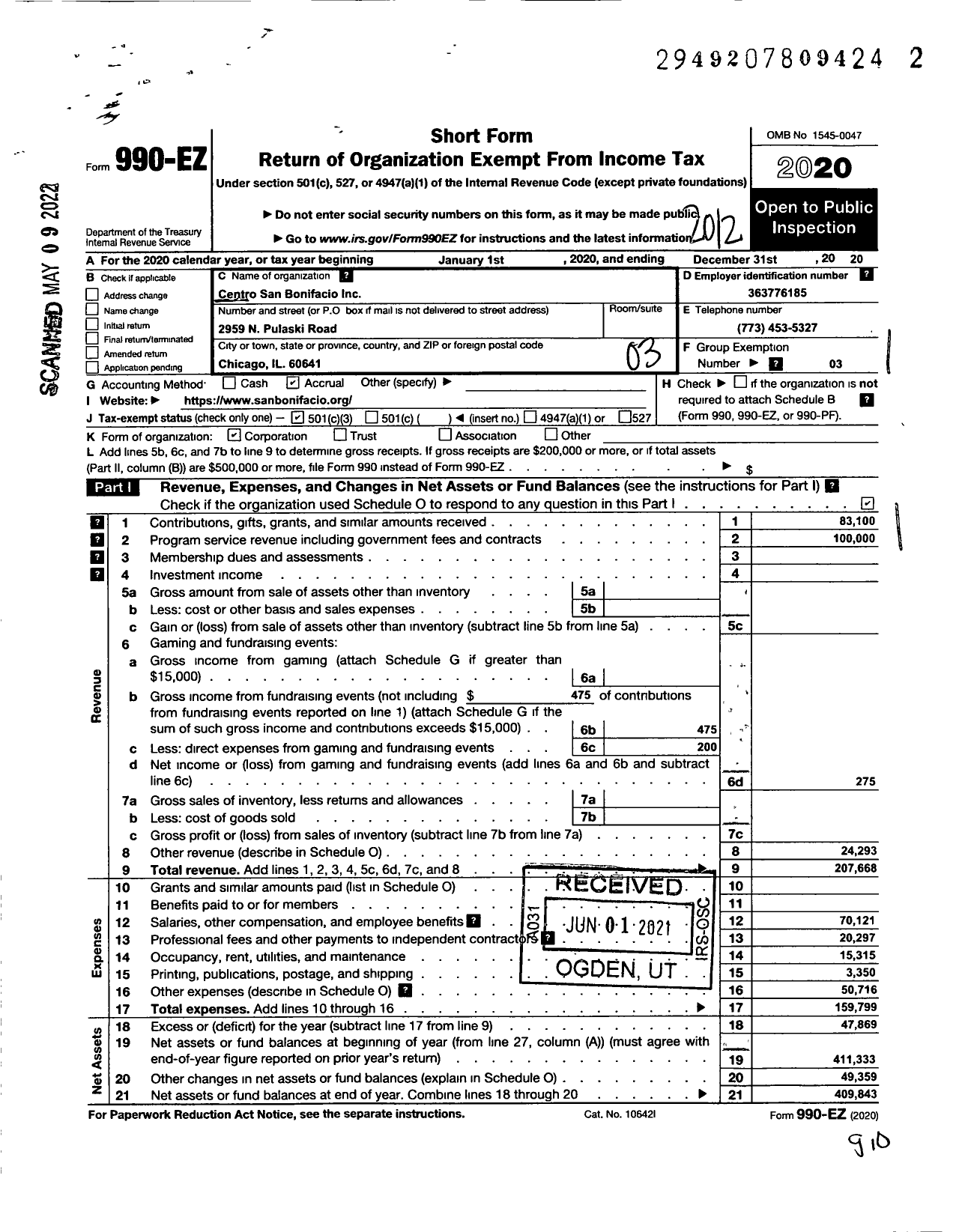 Image of first page of 2020 Form 990EZ for Centro San Bonifacio