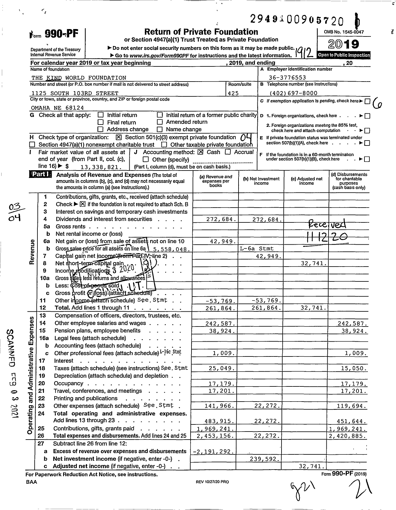 Image of first page of 2019 Form 990PF for The Kind World Foundation