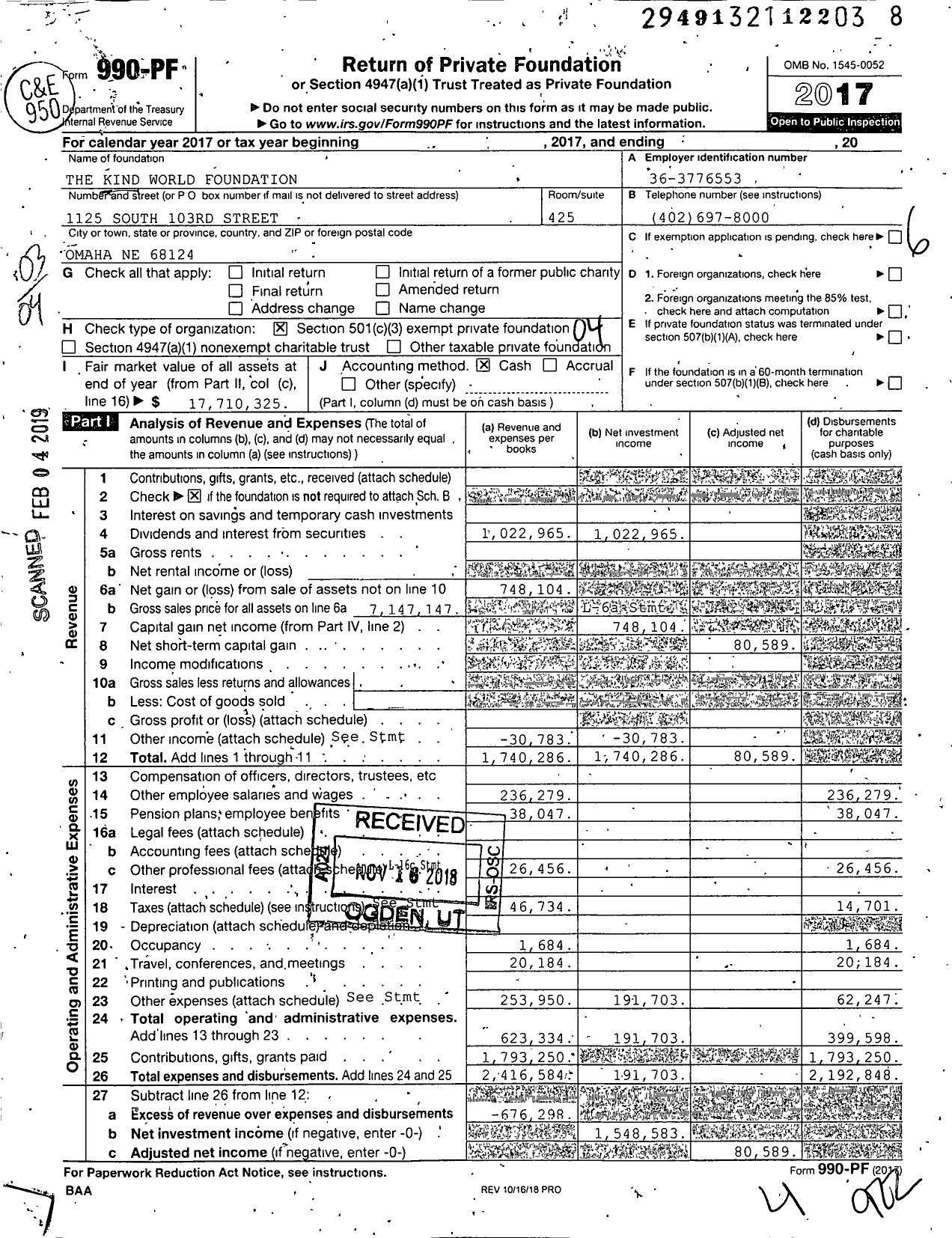 Image of first page of 2017 Form 990PF for The Kind World Foundation