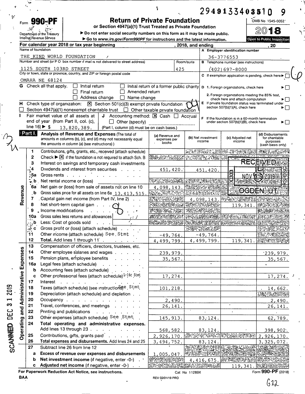 Image of first page of 2018 Form 990PF for The Kind World Foundation