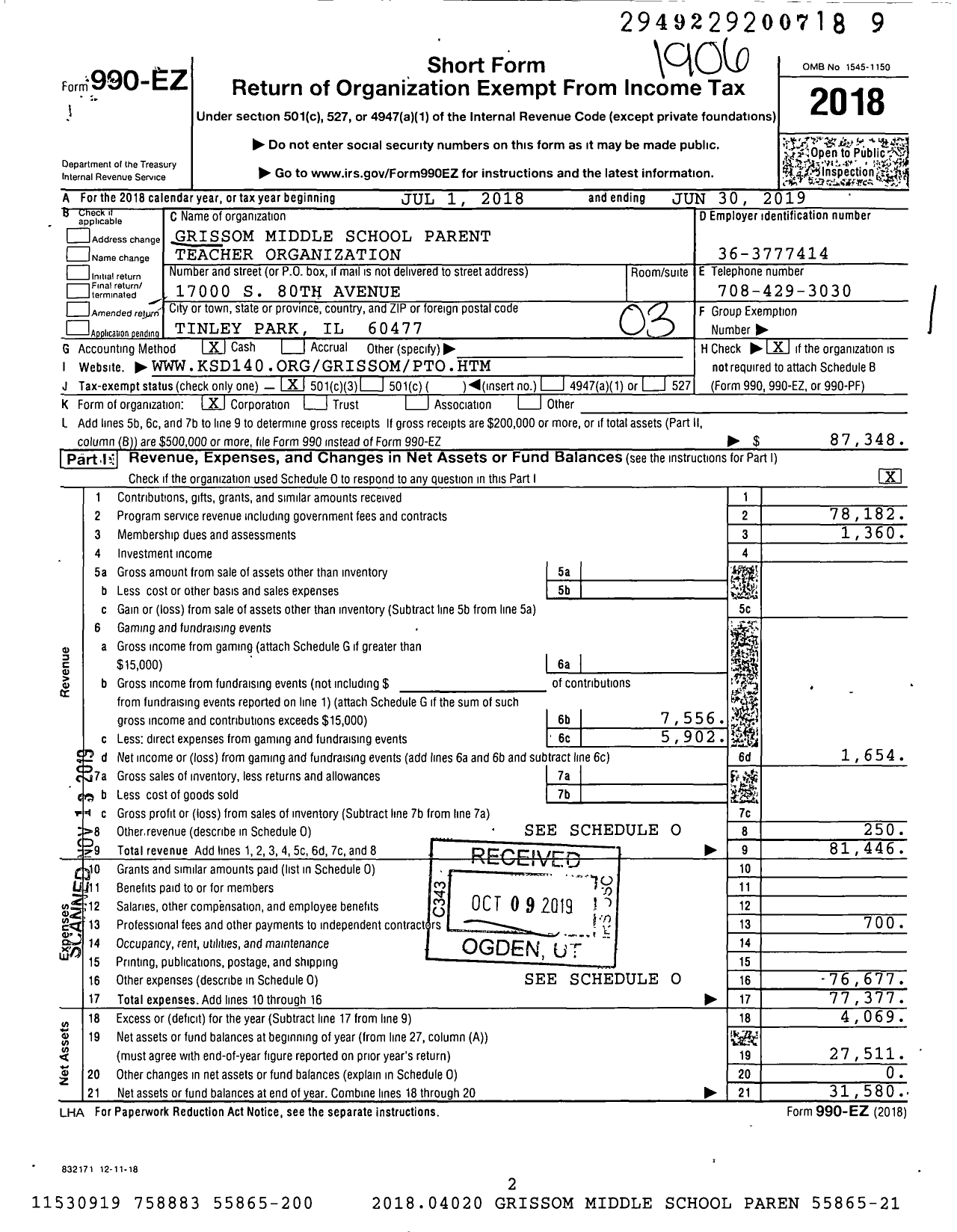 Image of first page of 2018 Form 990EZ for Grissom Middle School Pto