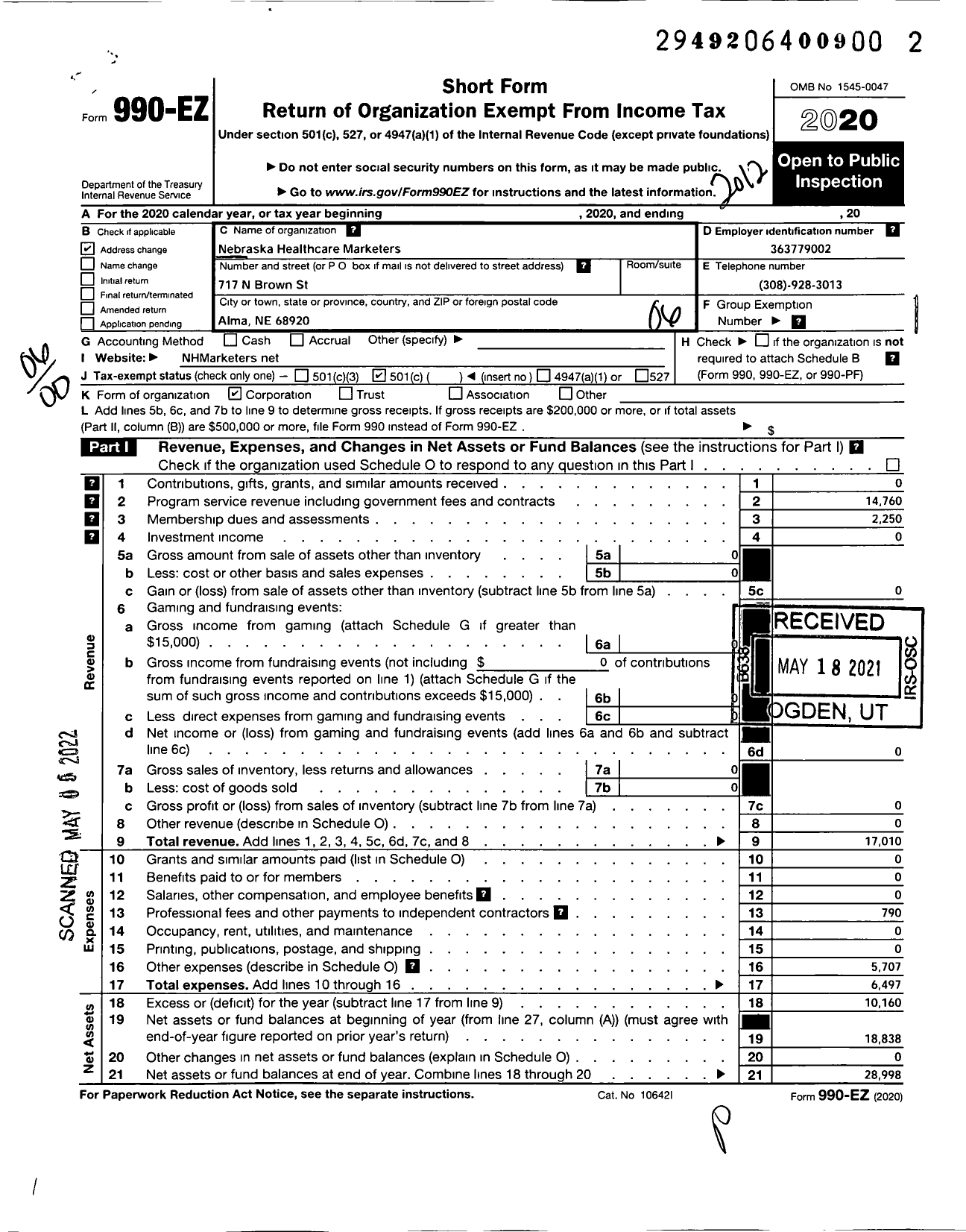 Image of first page of 2020 Form 990EO for Nebraska Healthcare Marketers