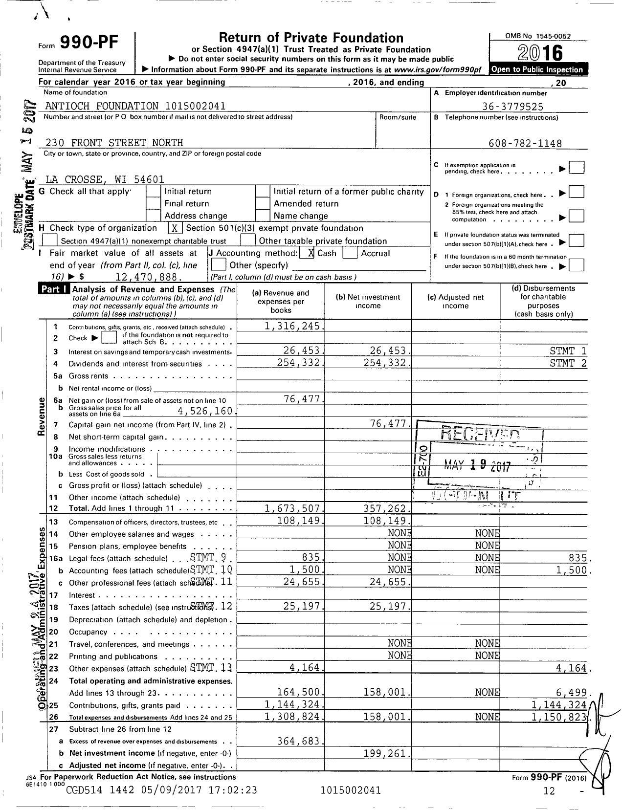 Image of first page of 2016 Form 990PF for Antioch Foundation 1015002041